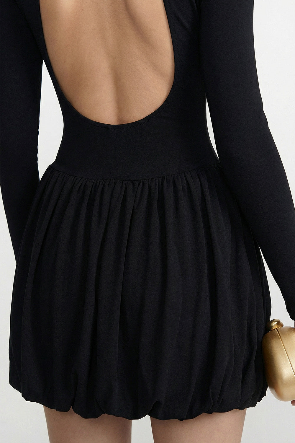 Long Sleeve Mini Dress With Draped Bubble Skirt - Black
