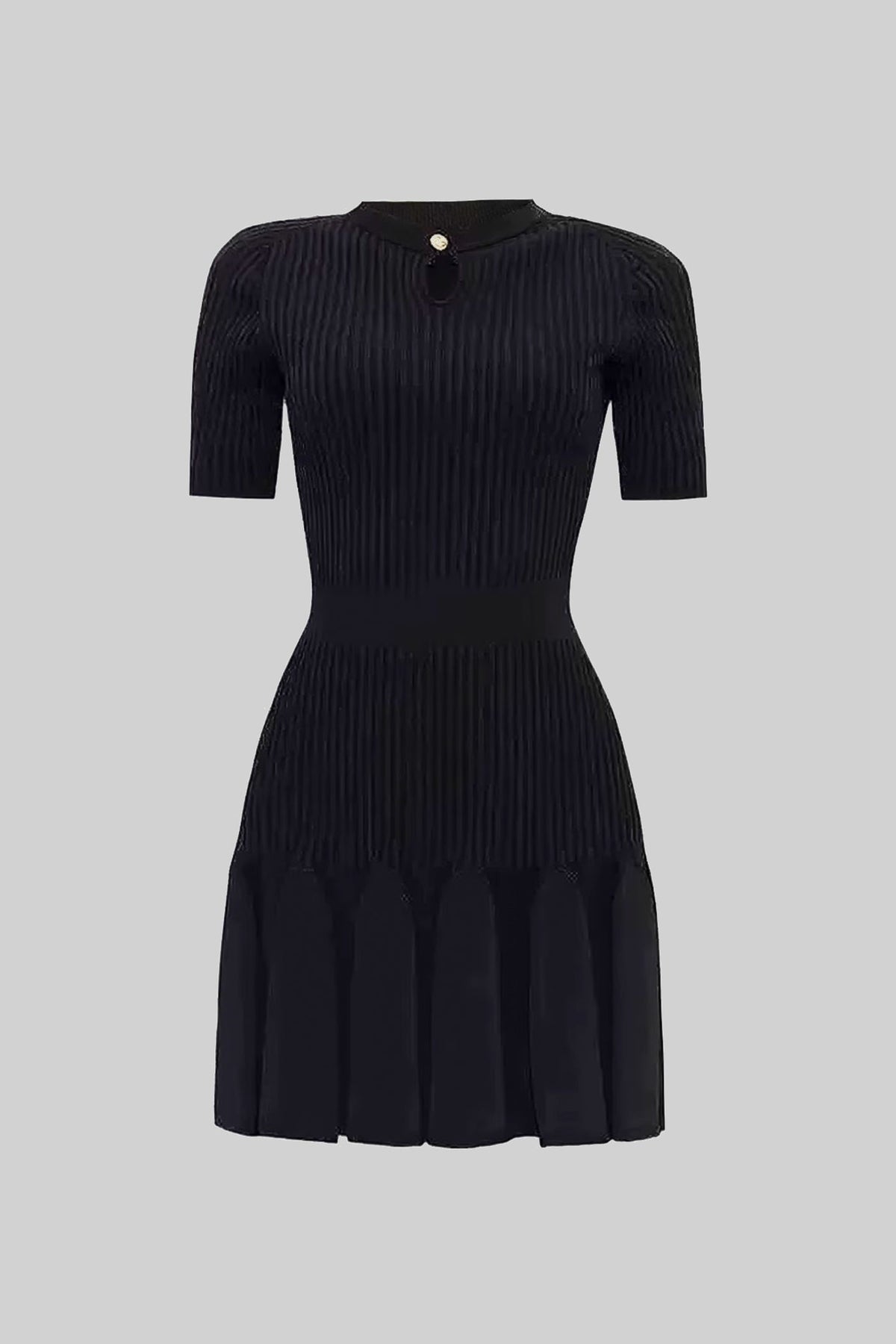 Rosalie Black Ribbed Knit Mini Dress With Gold Button Keyhole Neckline