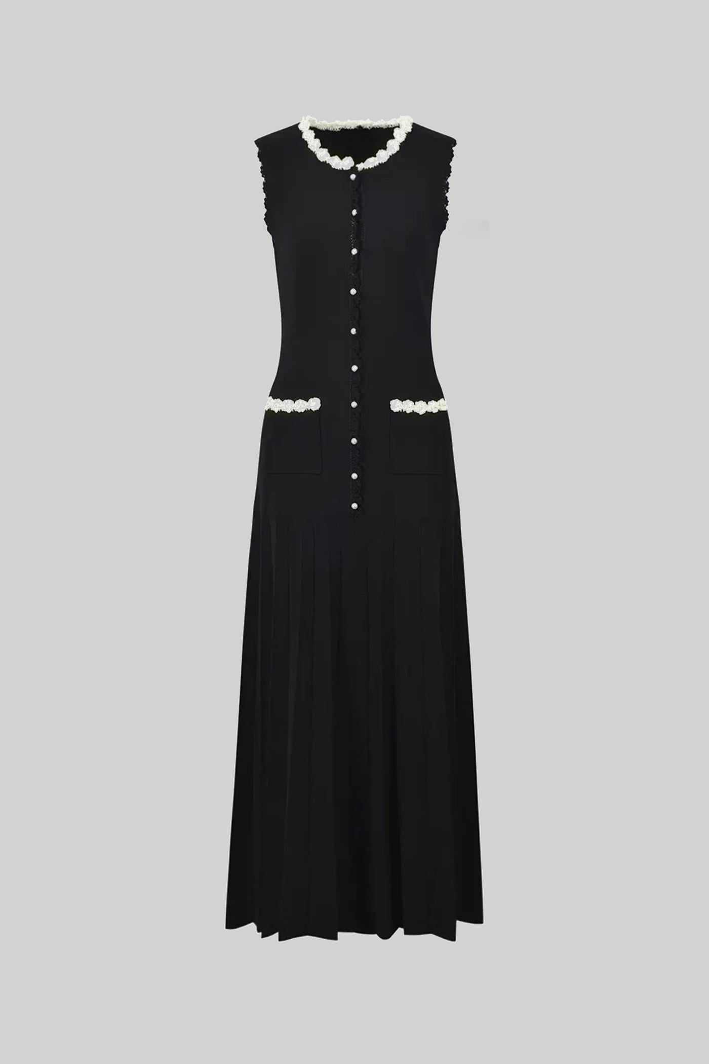 Sleeveless Midi Dress With Pearl Trim Details - Black