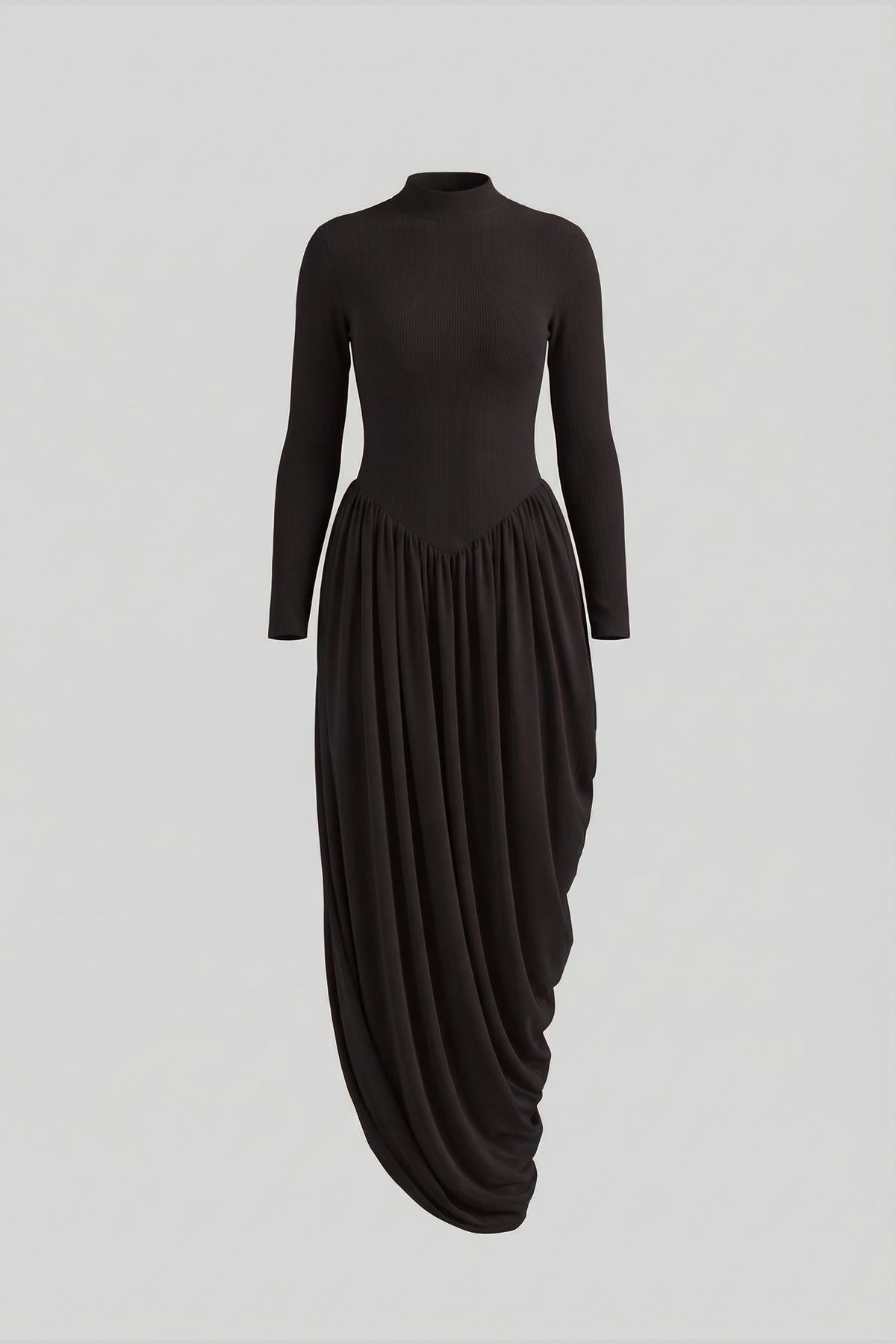 Long Sleeve Maxi Dress With Draped Skirt - Black
