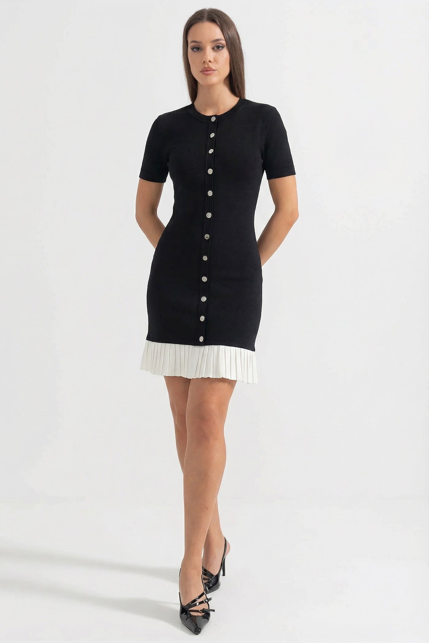 Short Sleeve Mini Dress With Contrast Pleated Hem - Black