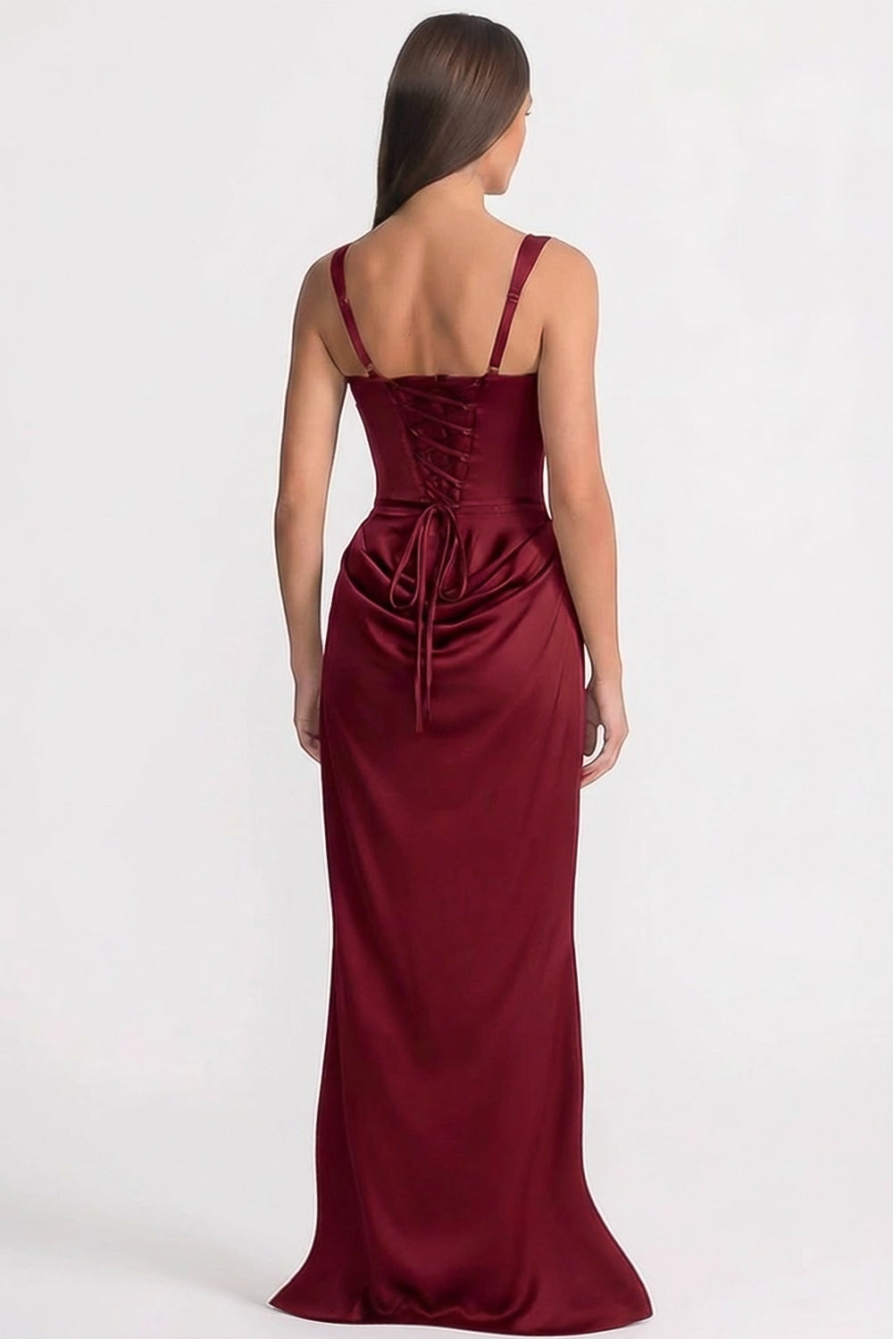 Corset Maxi Dress with Draped Hip Detail – Burgundy