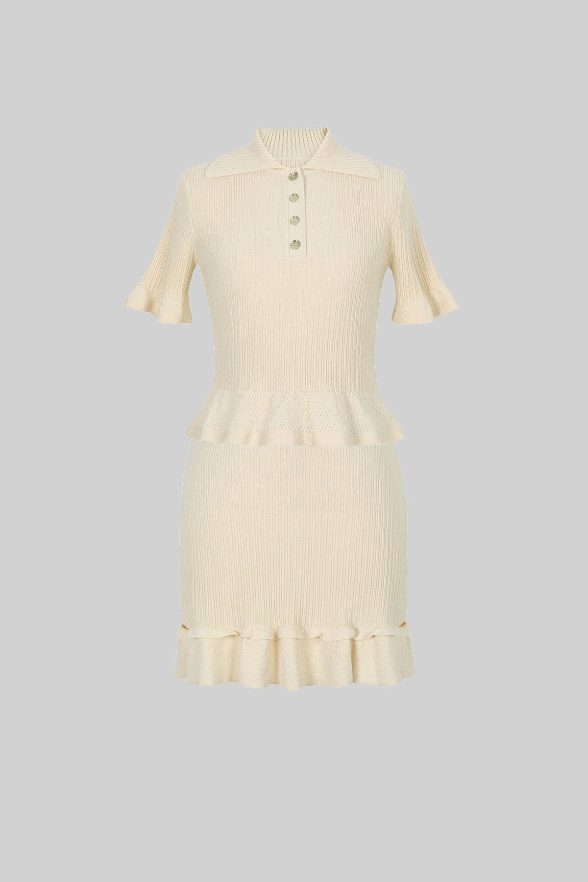Ribbed Knit Polo Co-ord Set With Ruffled Hem - Beige