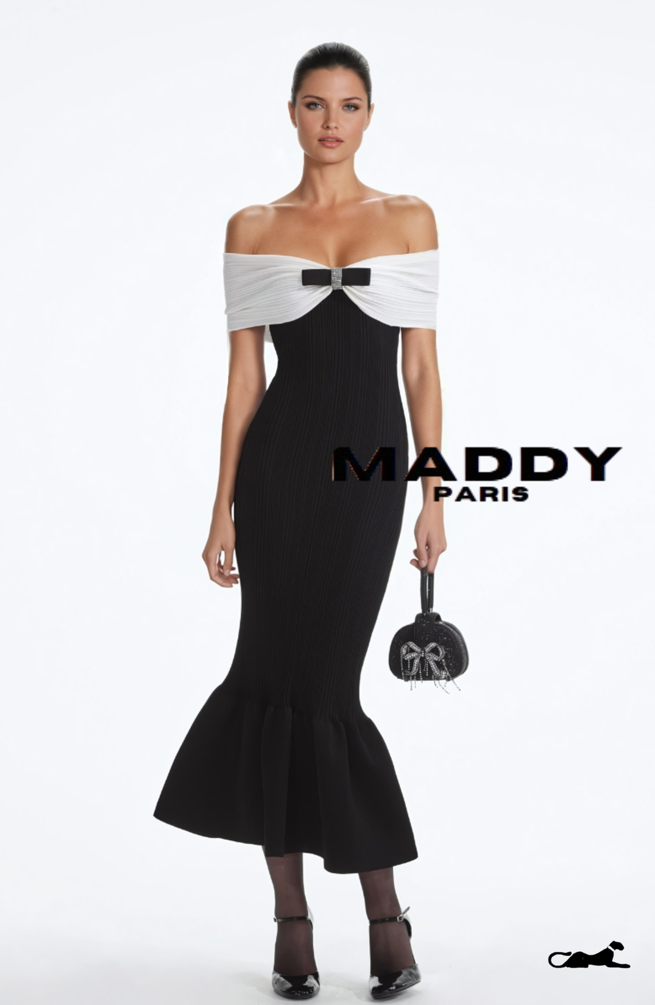 ALESSANDRA BOW CREPE KNIT OFF-SHOULDER MIDI DRESS - BLACK & WHITE