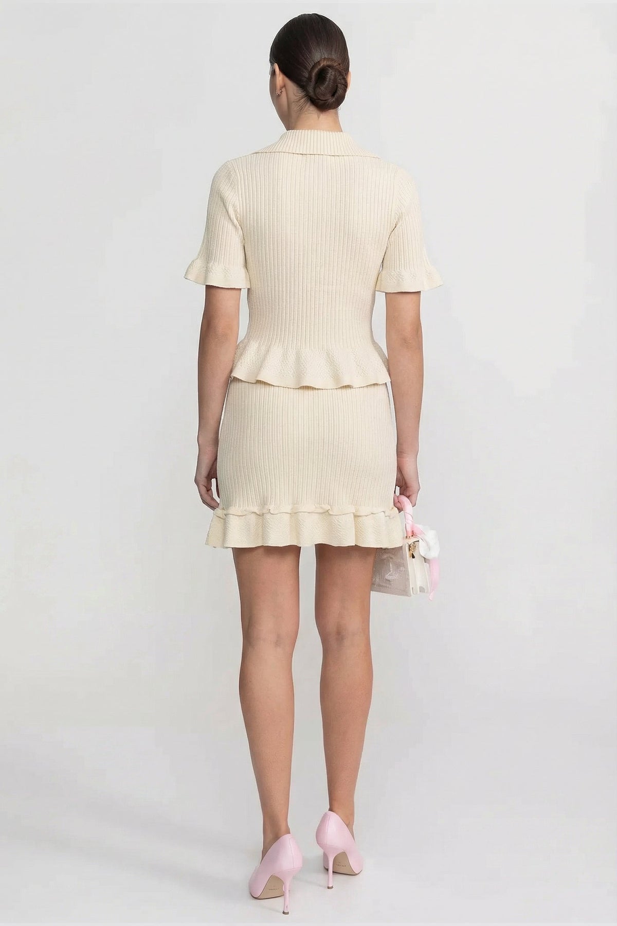 Ribbed Knit Polo Co-ord Set With Ruffled Hem - Beige
