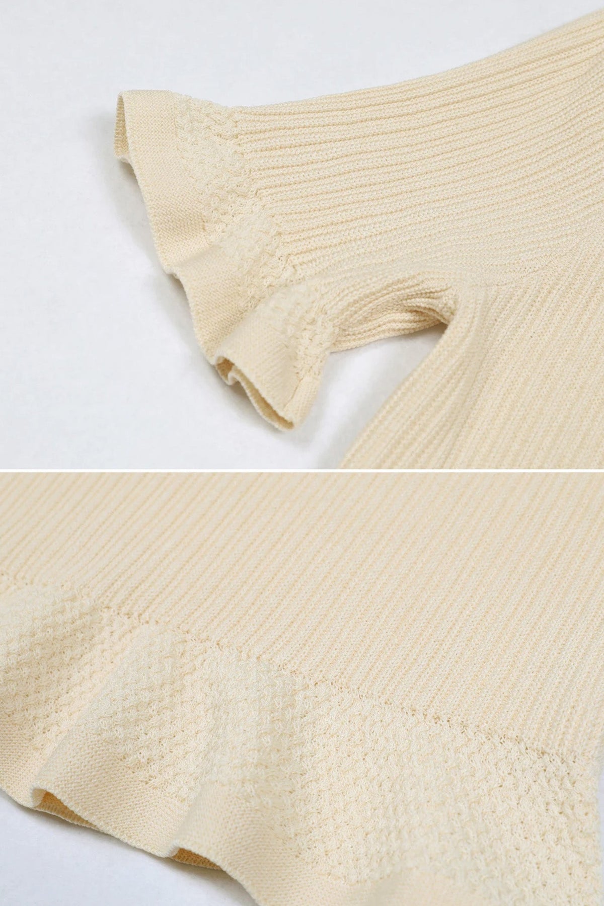 Ribbed Knit Polo Co-ord Set With Ruffled Hem - Beige