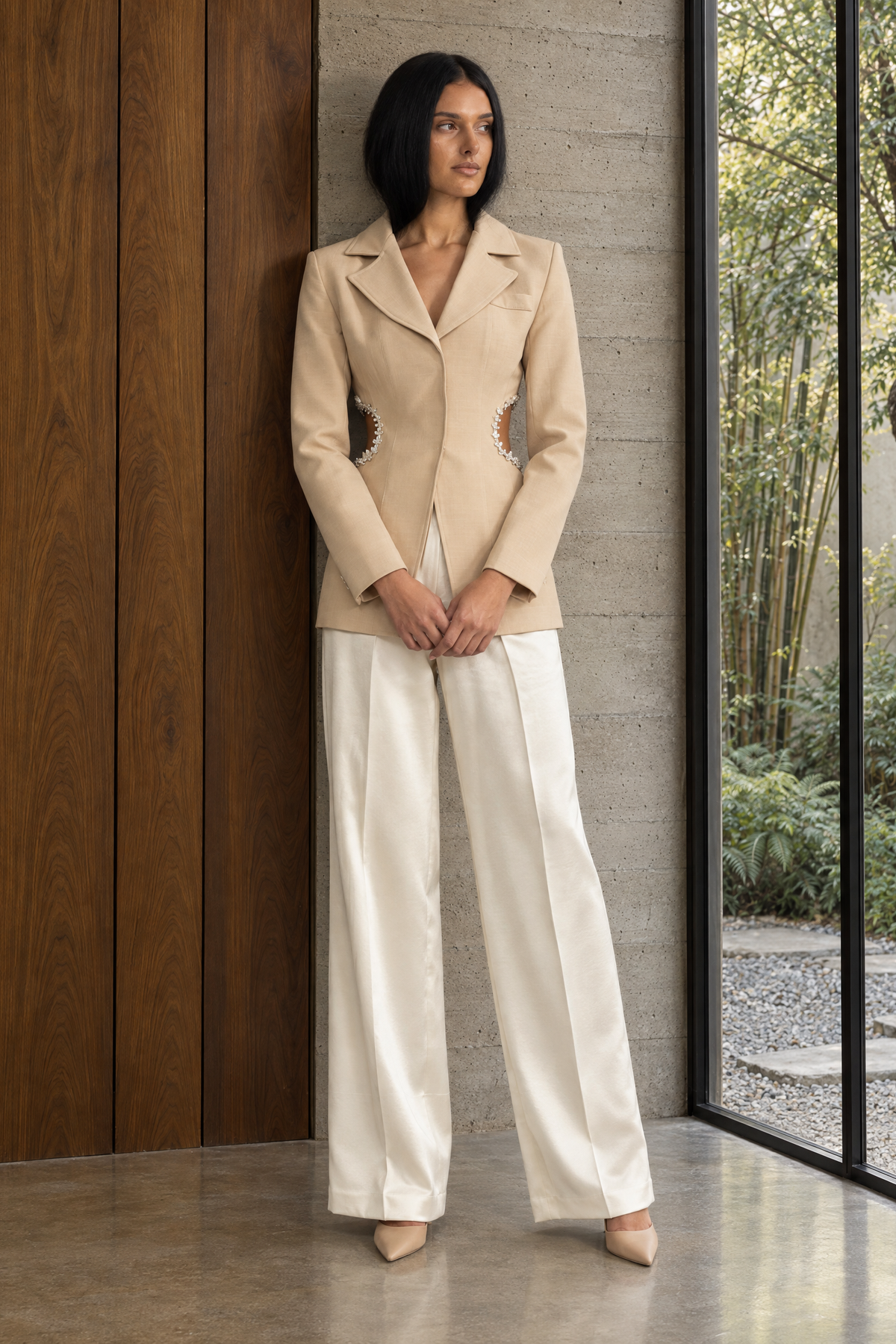 Laetitia Beige Crystal Trim Cutout Waist Tailored Blazer