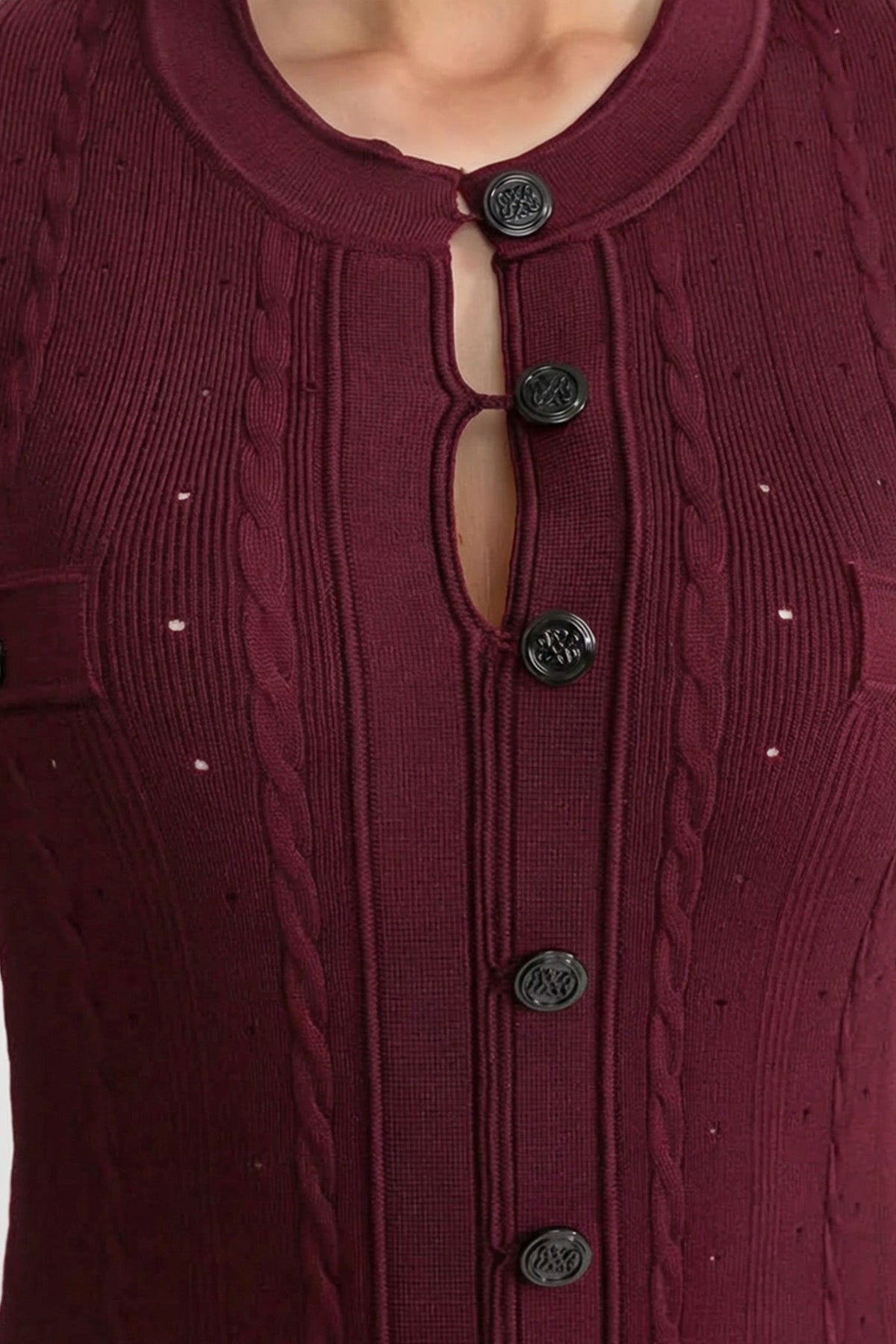 Cordelia Burgundy Knit Button-Front Midi Dress with Pointelle Detailing