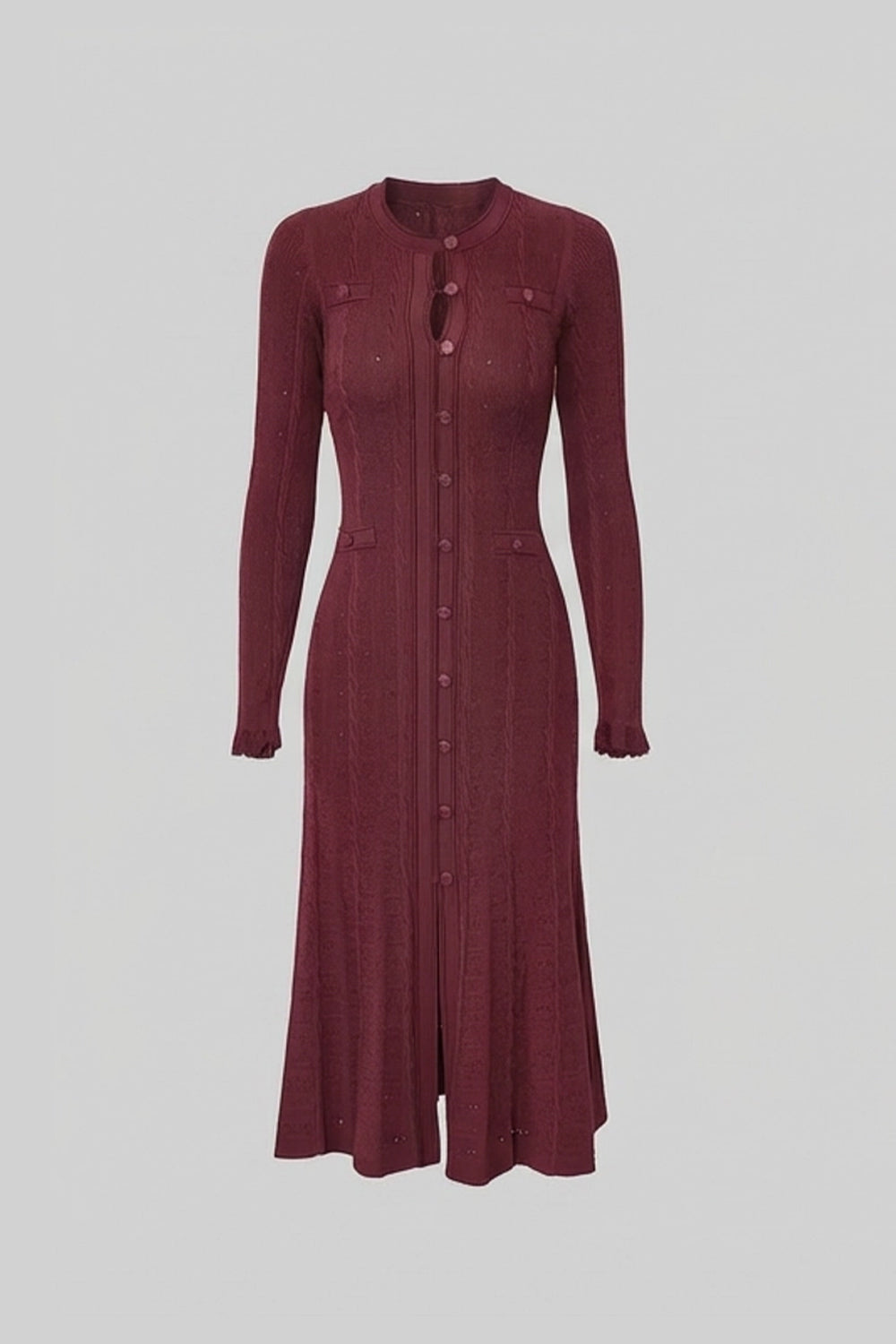 Cordelia Burgundy Knit Button-Front Midi Dress with Pointelle Detailing