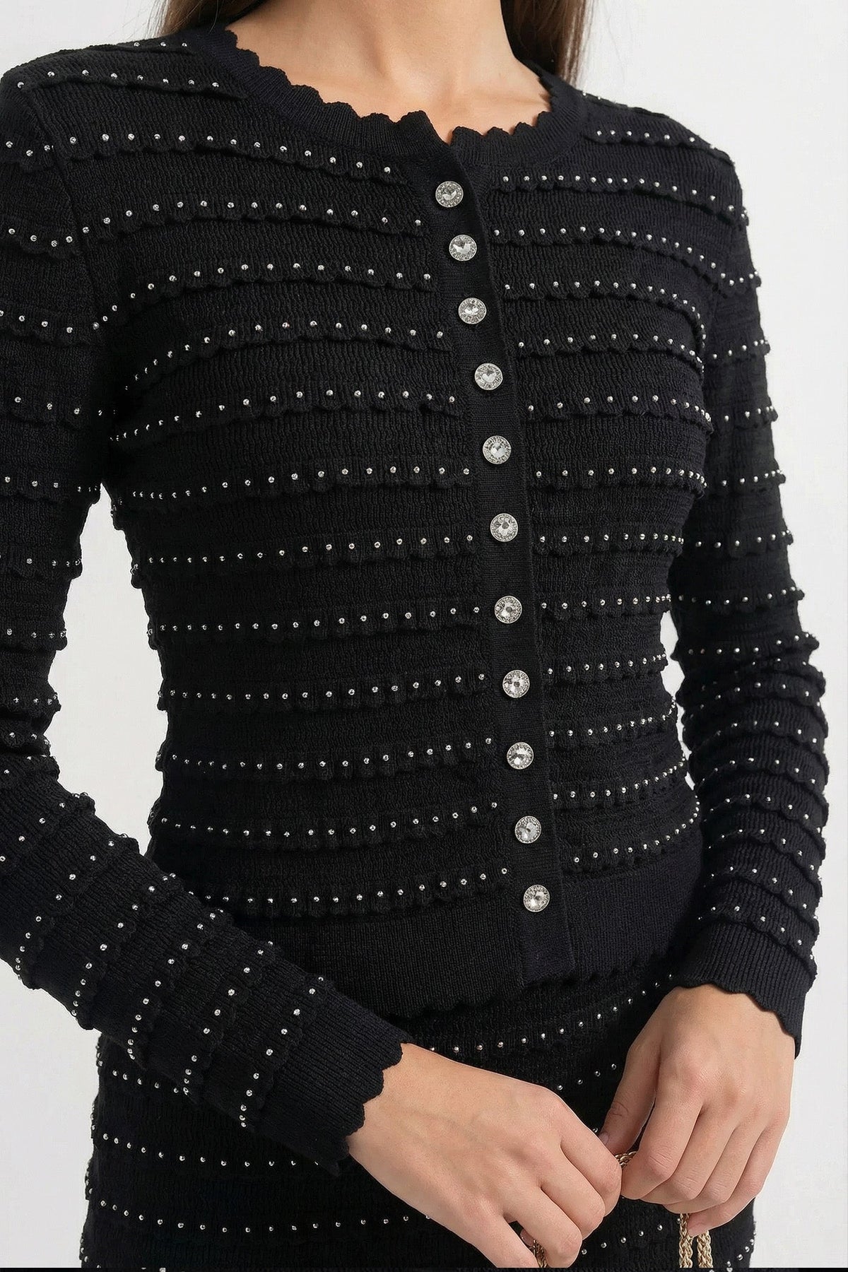 Domitille Black Knit Co-Ord Set With Pointelle Stripe Texture And Sparkling Embellishments
