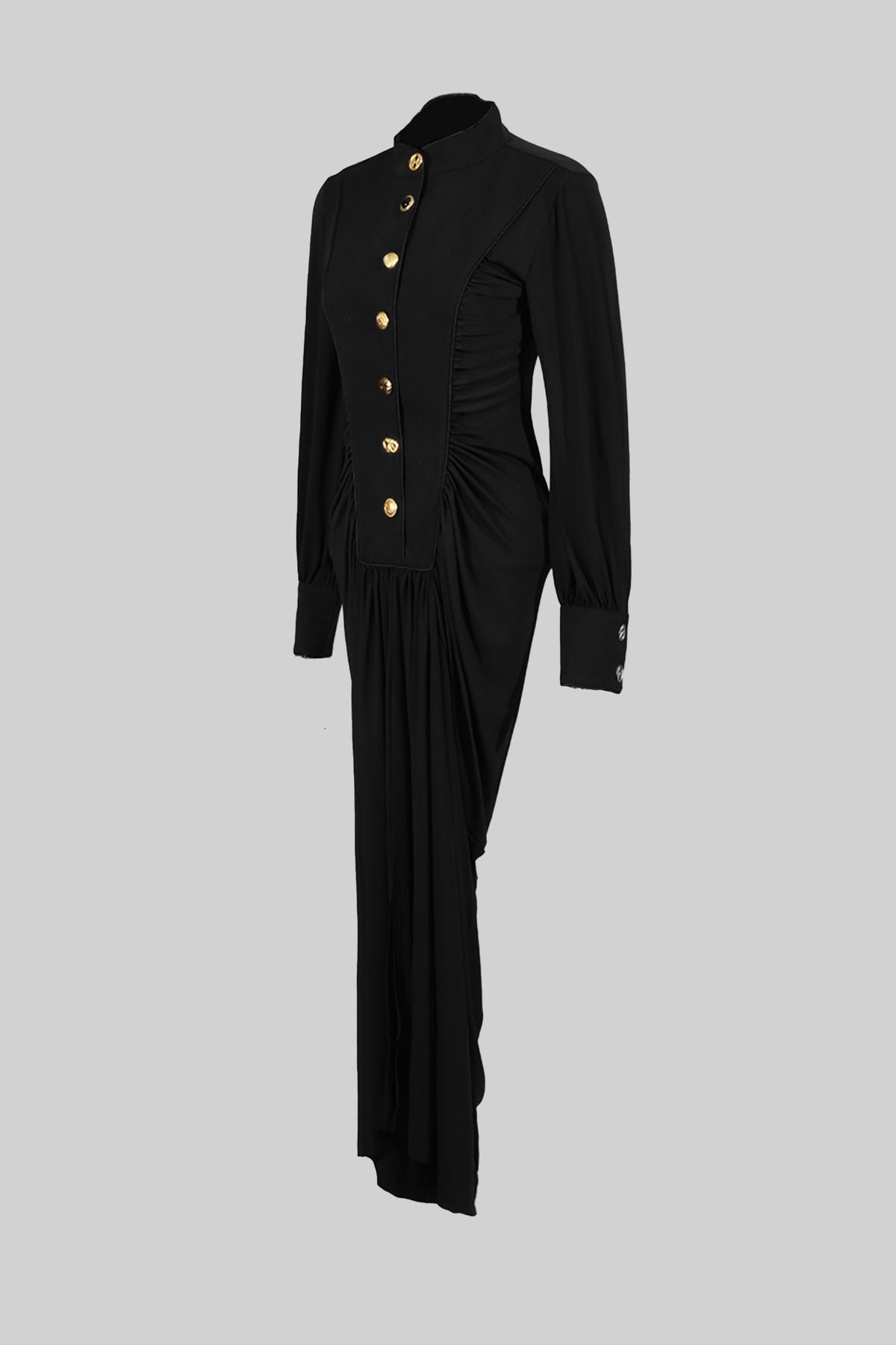 Velvet Maxi Dress with Gold Statement Buttons - Black