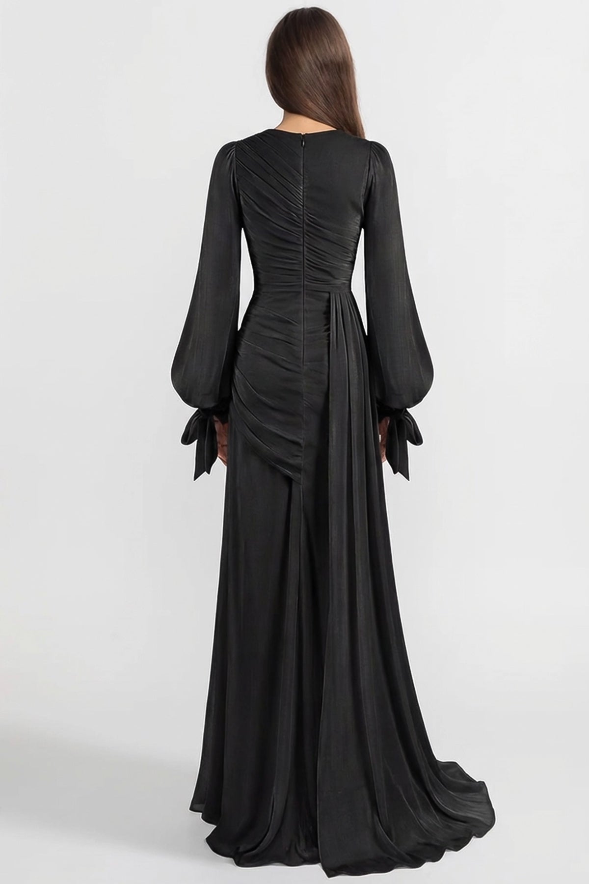Draped Long-Sleeve Maxi Dress with Gathered Waist – Black