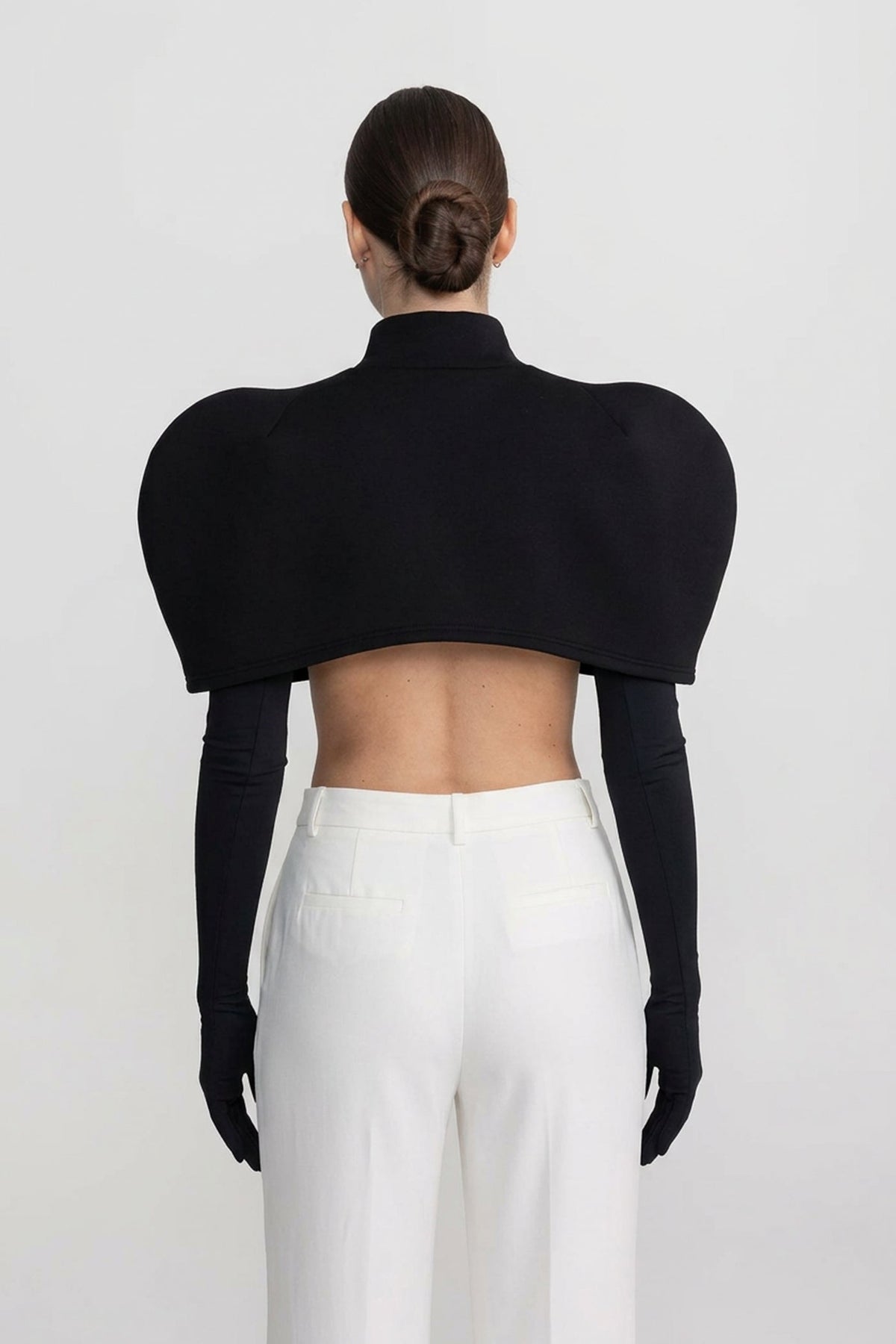 Cropped Top and Cape Set With Sculptural Shoulder Cape - Black