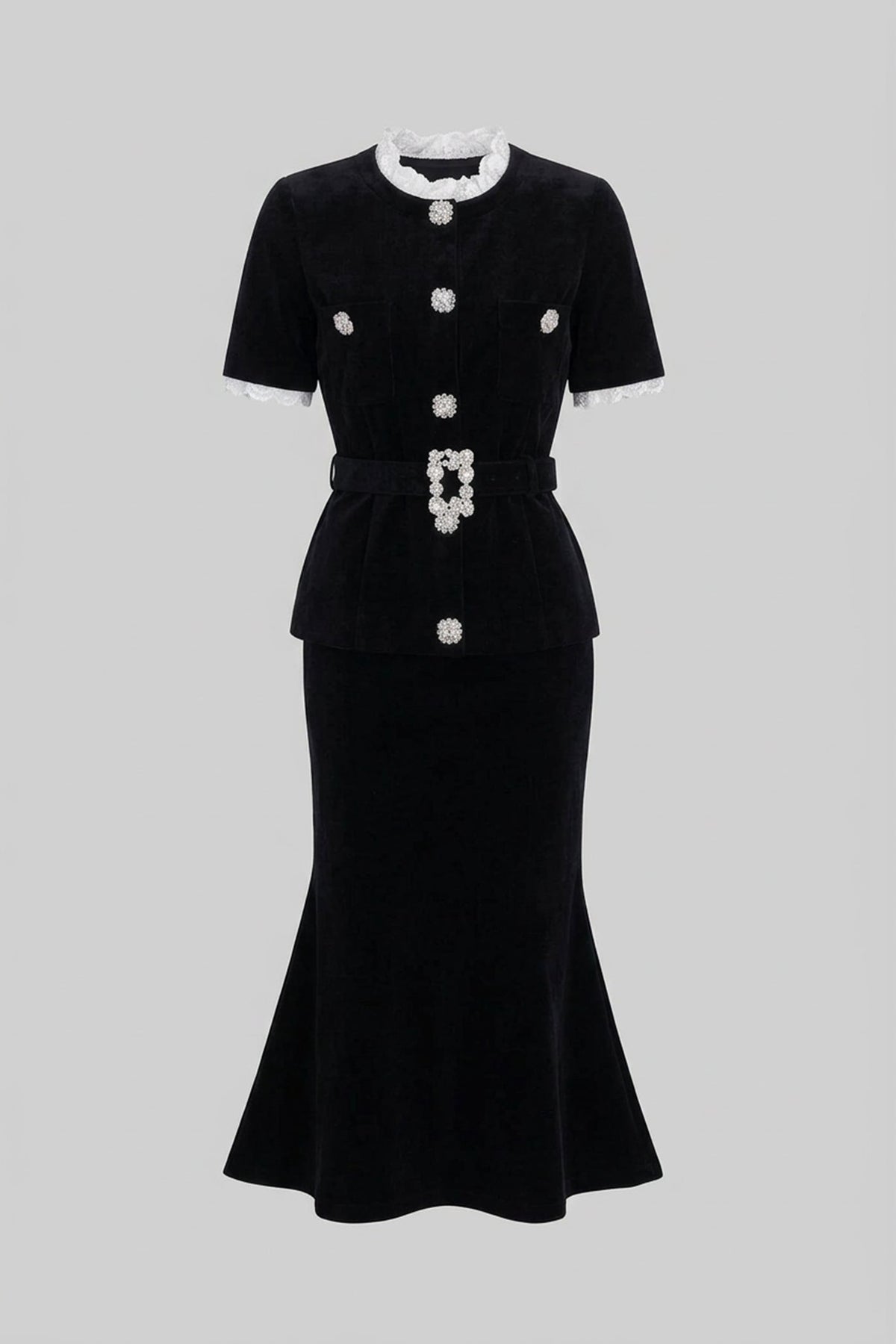 Veronique Black Short Sleeve Co-Ord With Peplum Waist And Crystal Button Belt