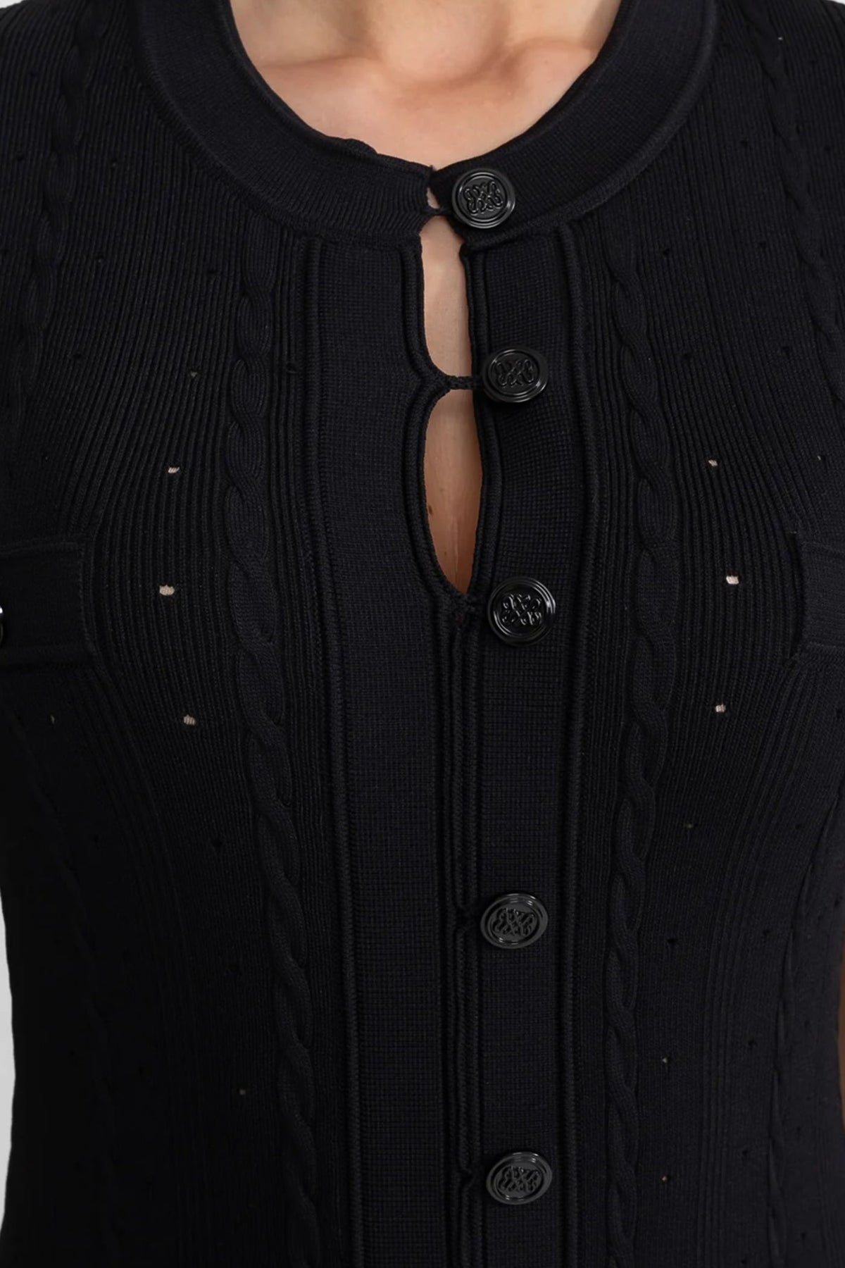 Cordelia Black Knit Button-Front Midi Dress with Pointelle Detailing