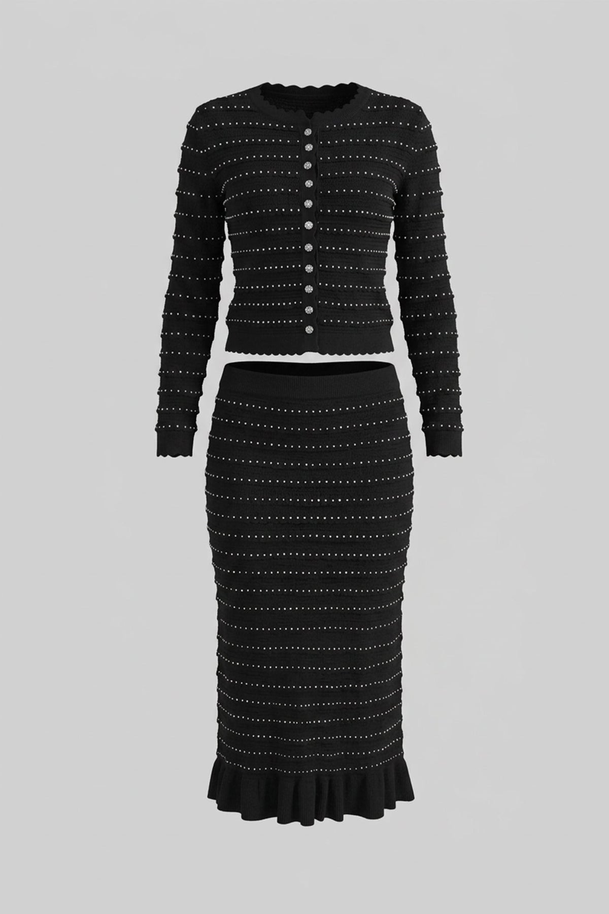 Domitille Black Knit Co-Ord Set With Pointelle Stripe Texture And Sparkling Embellishments