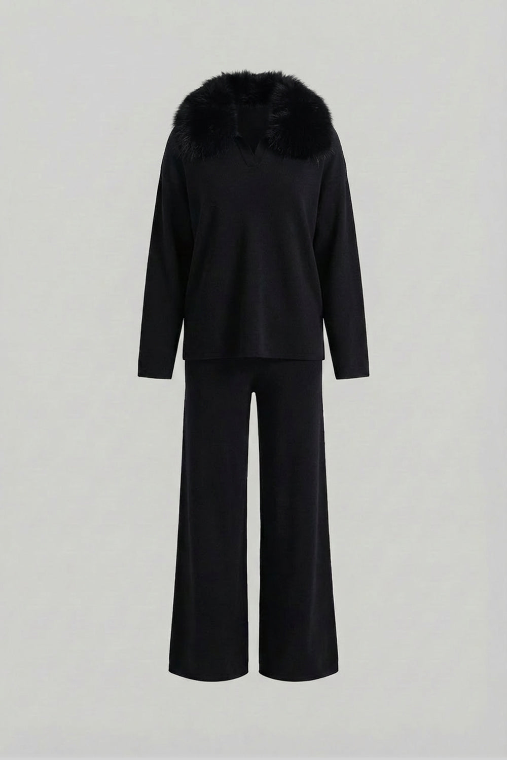 Knit Lounge Co-Ord Set with Fox Fur Collar – Black