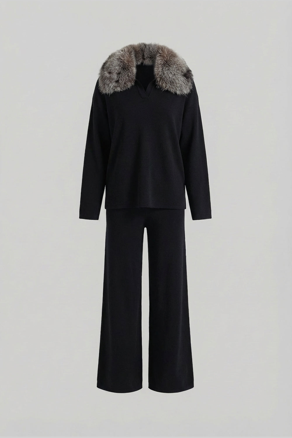 Elodie Black/Grey Knit Lounge Co-Ord Set with Fox Fur Collar