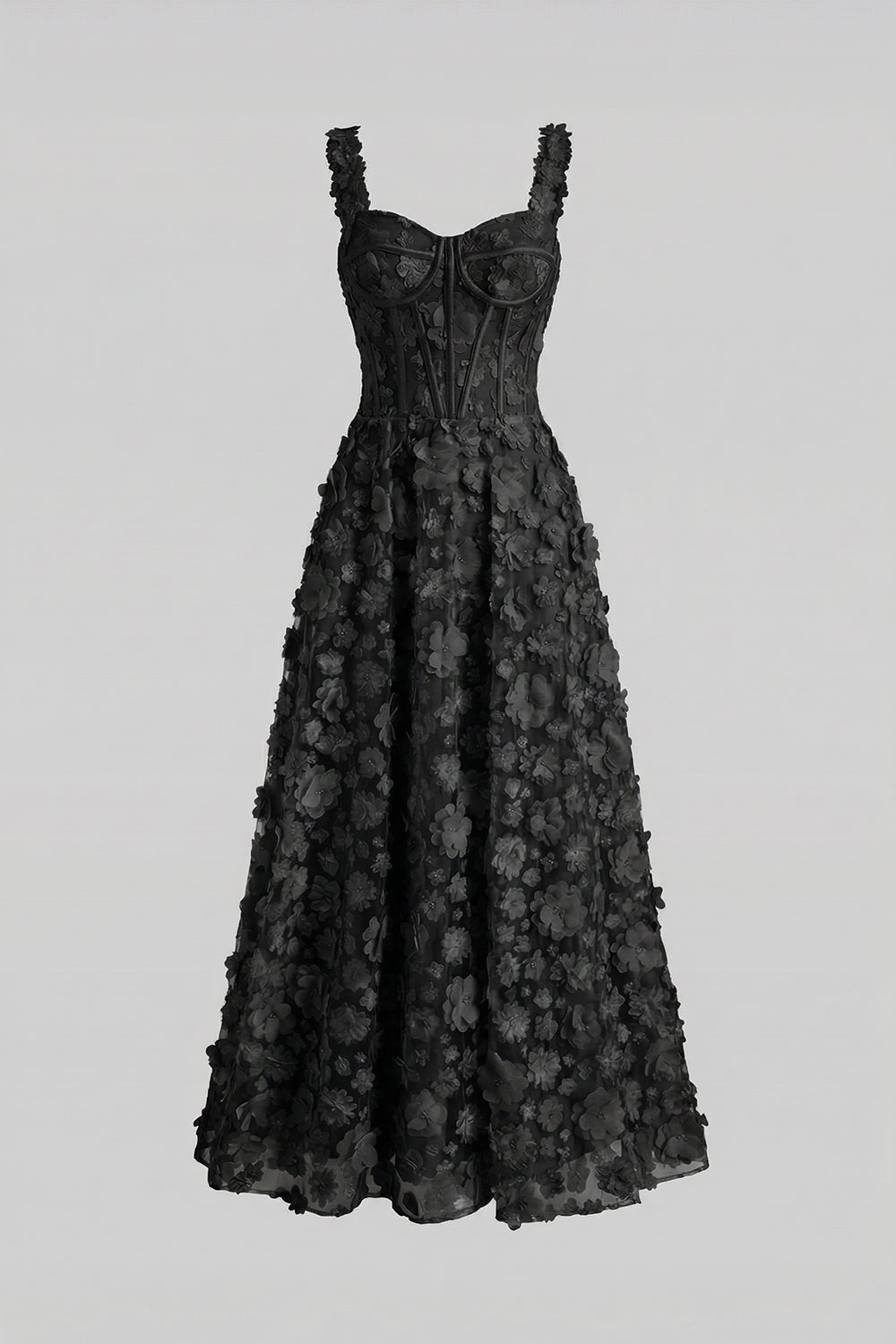 Floral Appliqué Maxi Dress With Corset Bodice - Black