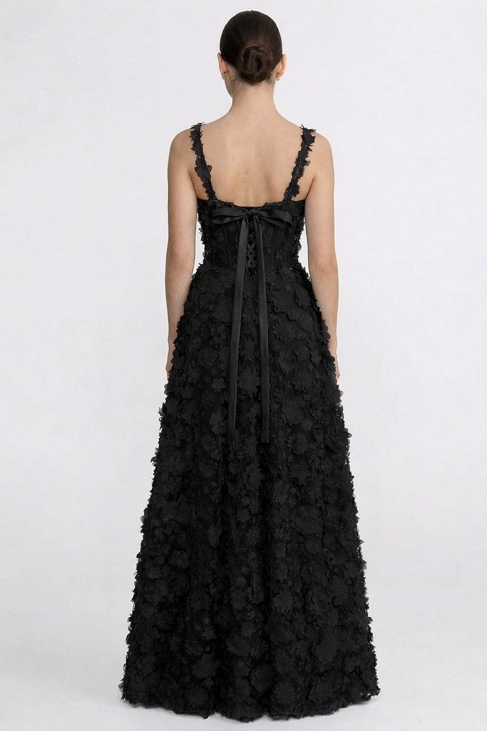 Floral Appliqué Maxi Dress With Corset Bodice - Black
