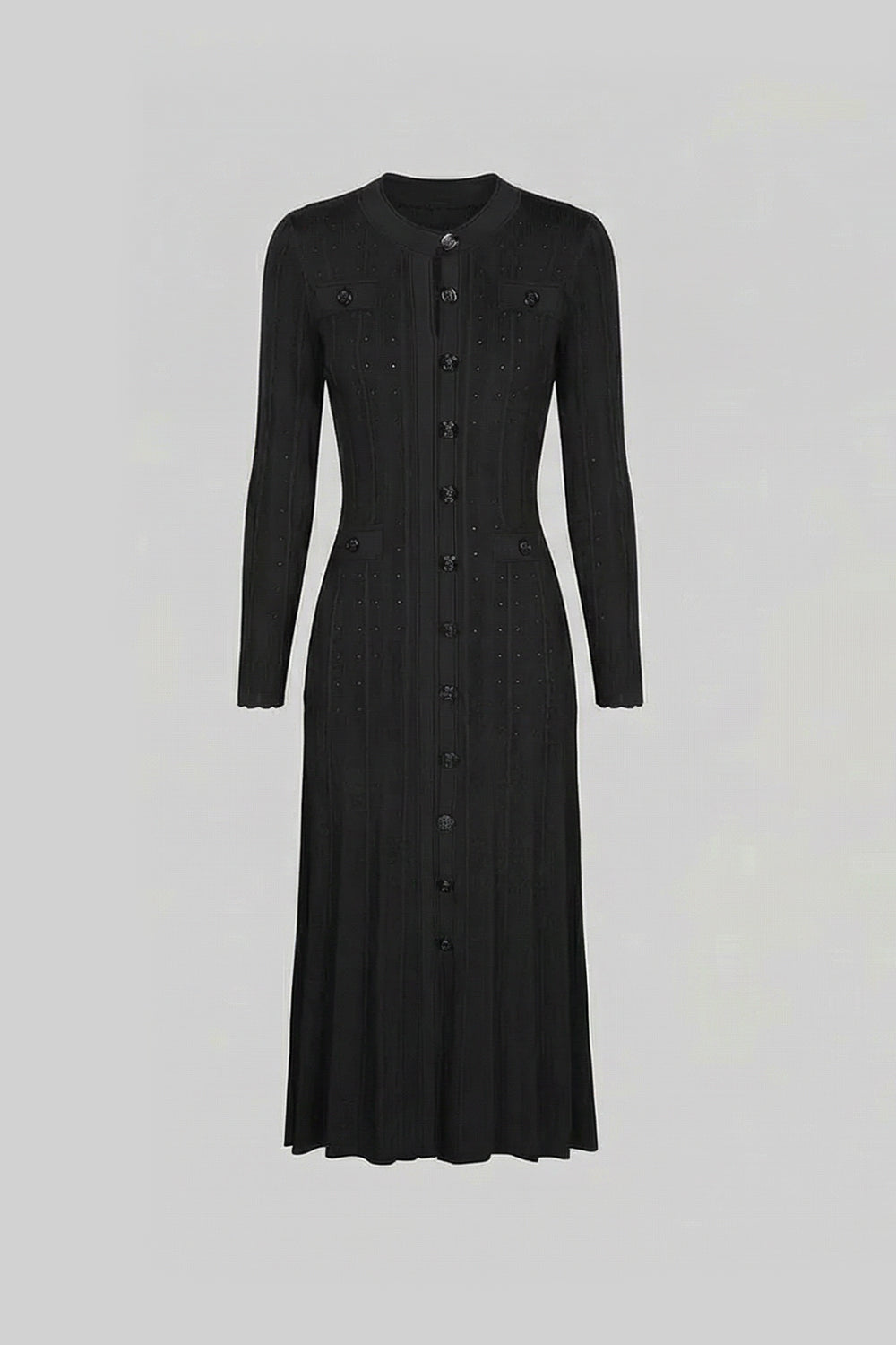 Cordelia Black Knit Button-Front Midi Dress with Pointelle Detailing