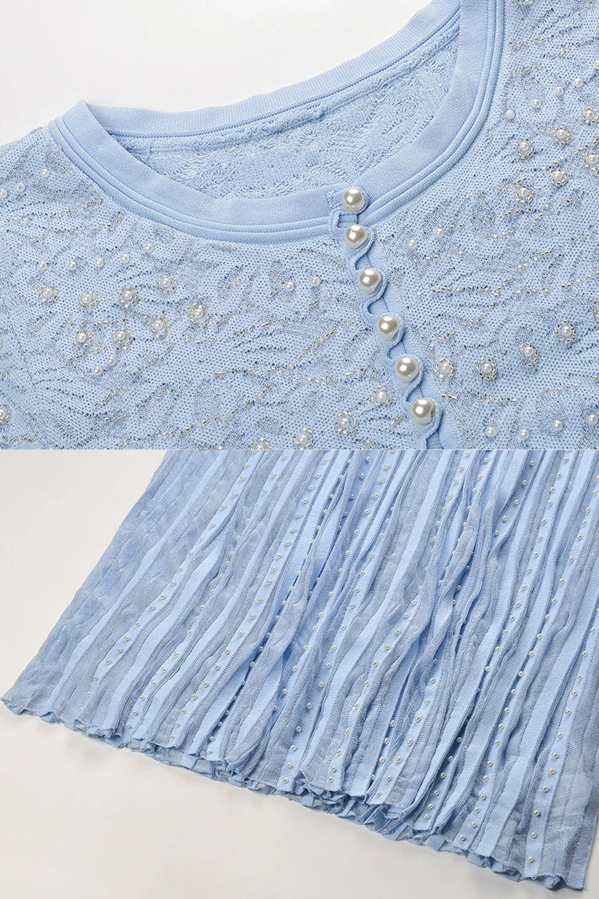 Celestine Powder Blue Short Sleeve Midi Dress With Pearl Embellishments