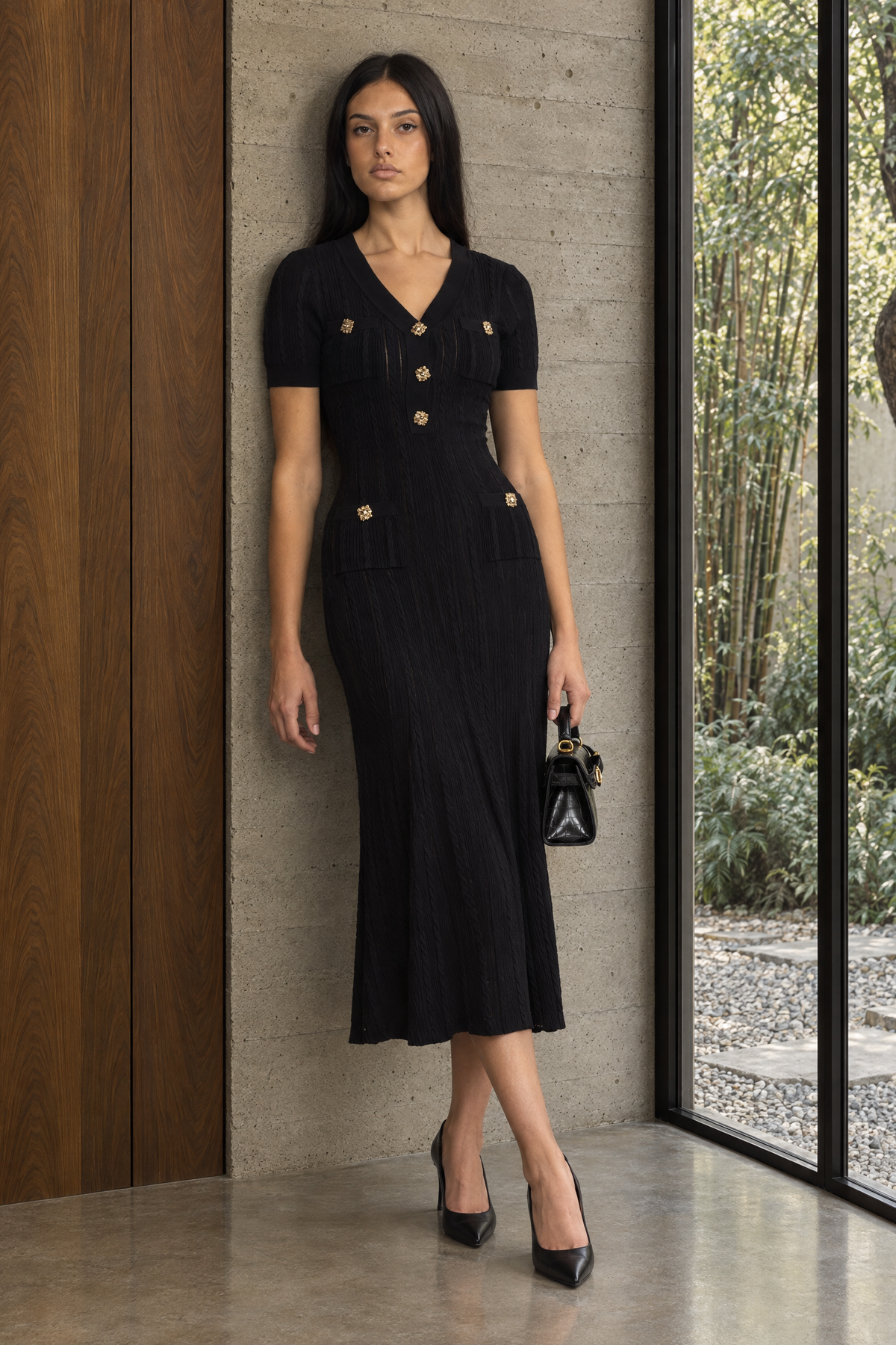 Clémence Black Cable Knit Jewel-Button Midi Dress