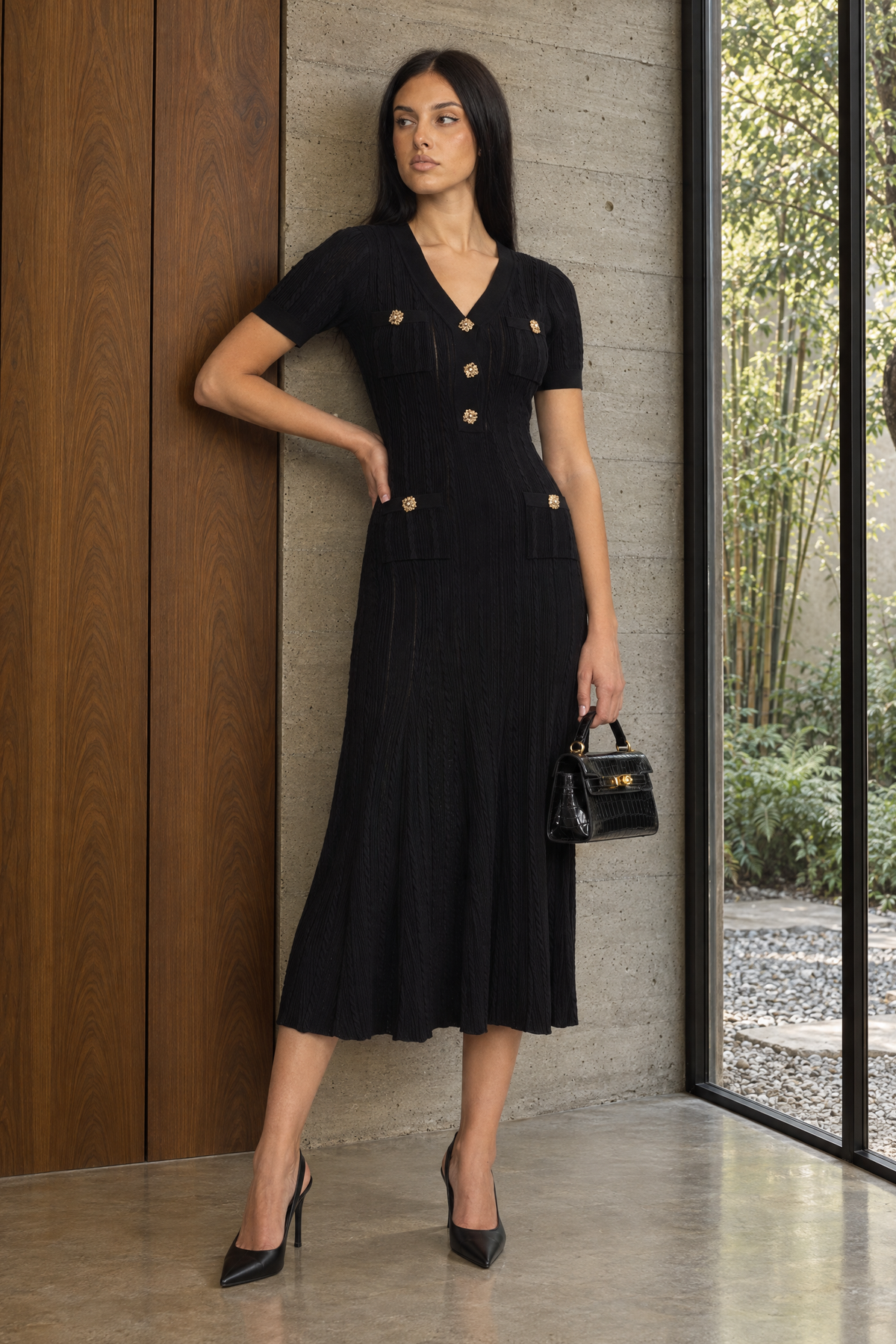 Clémence Black Cable Knit Jewel-Button Midi Dress