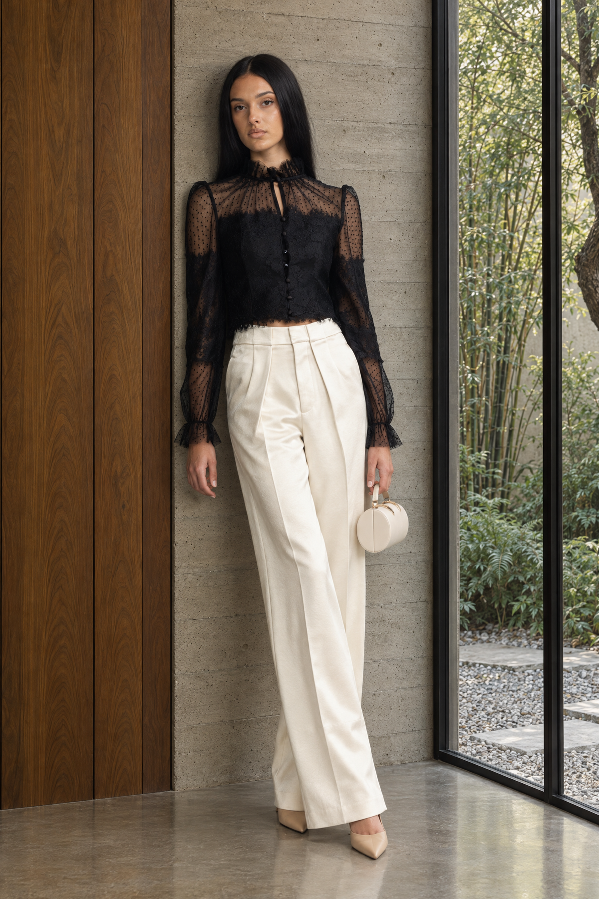 Lydie Black Ruffle Neck Lace and Dot Mesh Cropped Blouse