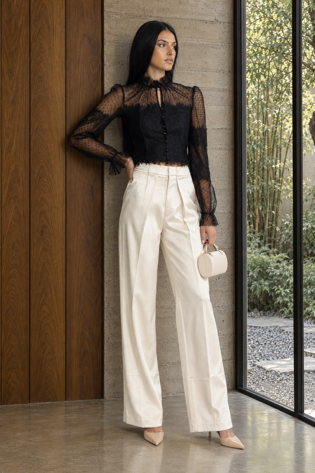 Lydie Black Ruffle Neck Lace and Dot Mesh Cropped Blouse