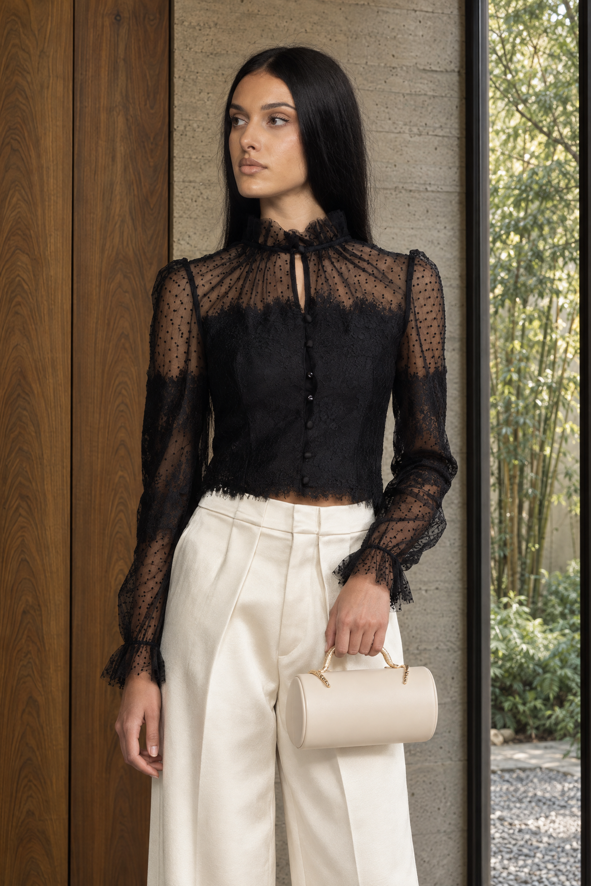 Lydie Black Ruffle Neck Lace and Dot Mesh Cropped Blouse