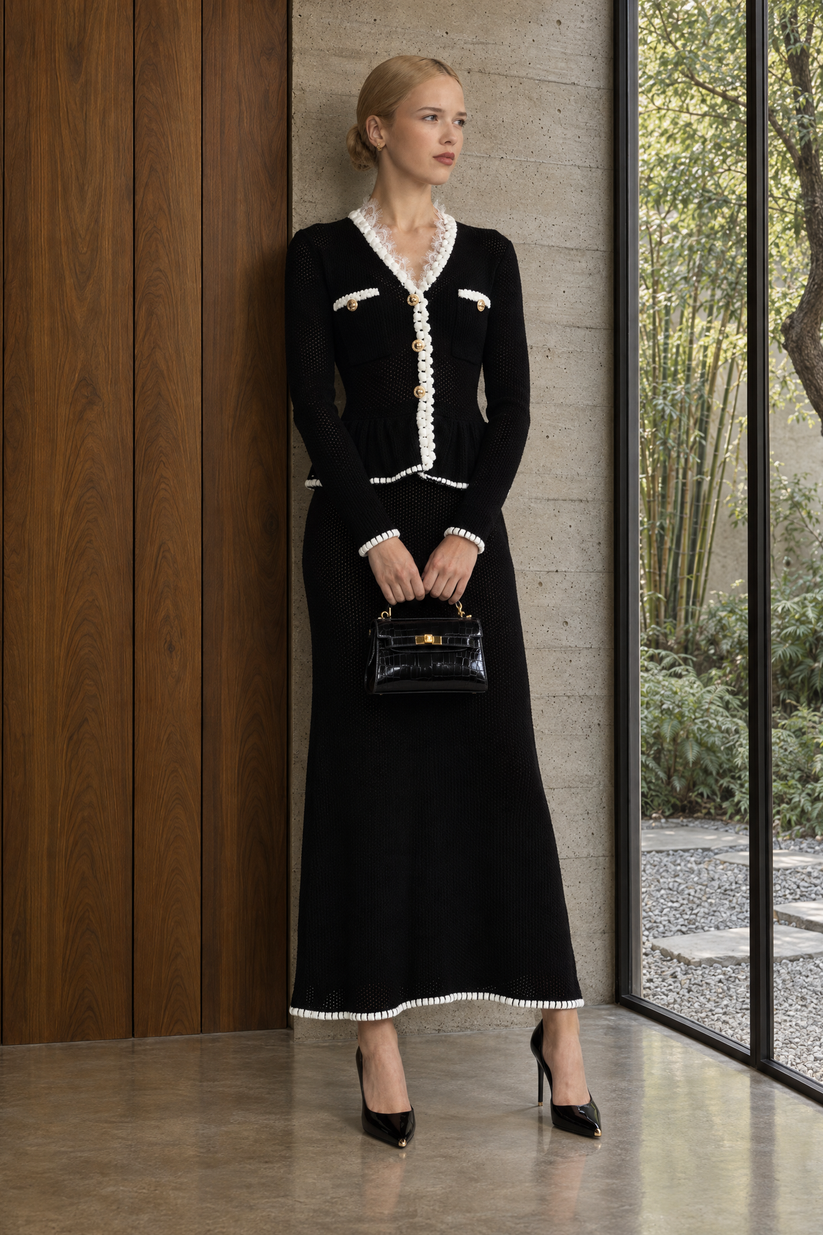 Théodora Black Lace Trim Crochet Knit Peplum Maxi Dress