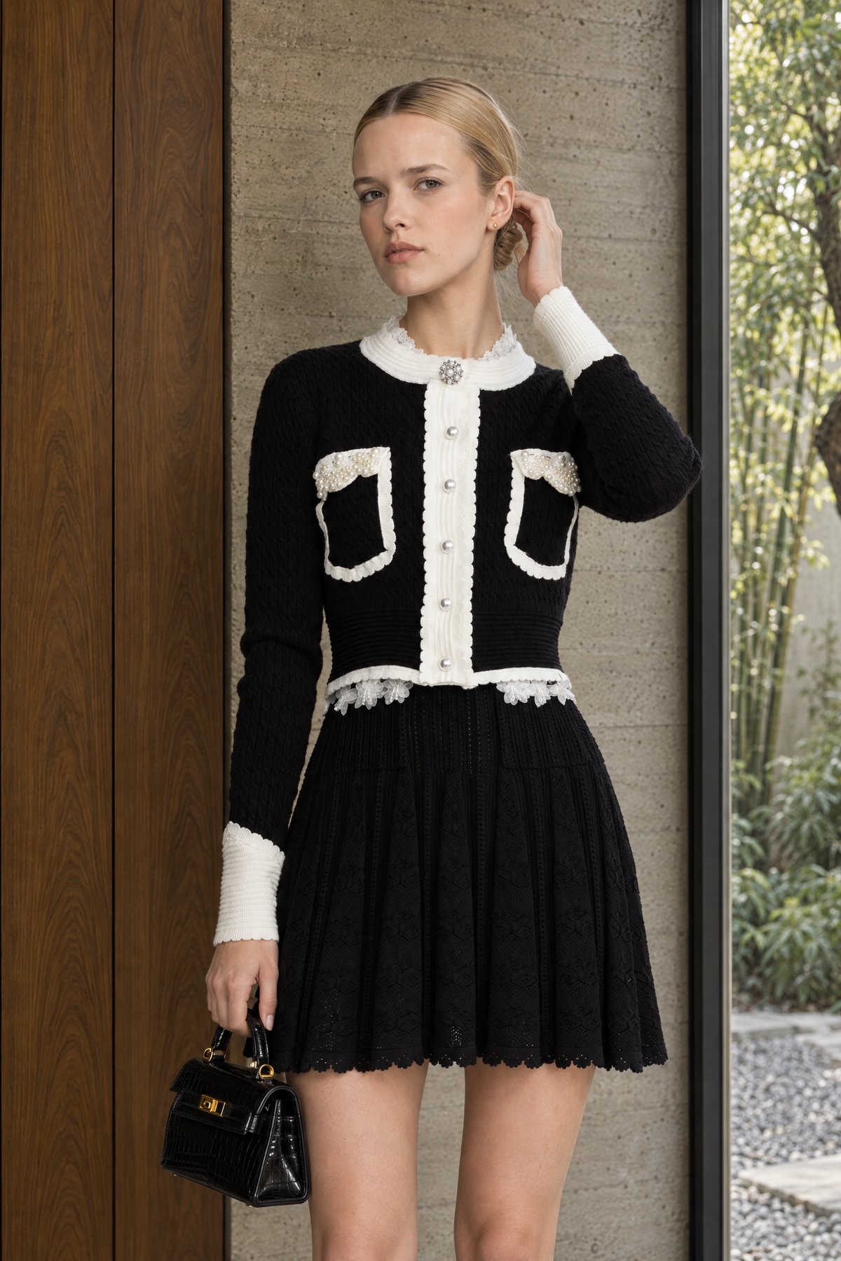 Nicolette Black Pearl Embellished Contrast Trim Cable Knit Cropped Cardigan
