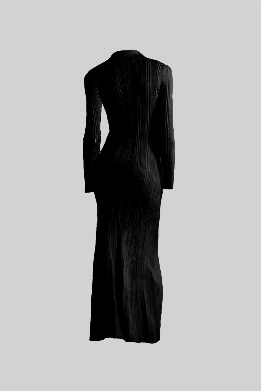 Aveline Black Elegant Ribbed Dress With Long Sleeves