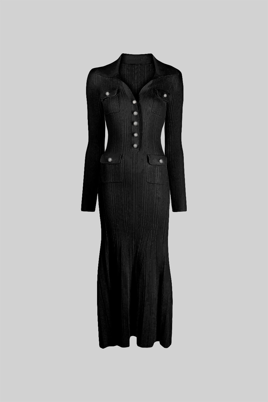 Aveline Black Elegant Ribbed Dress With Long Sleeves