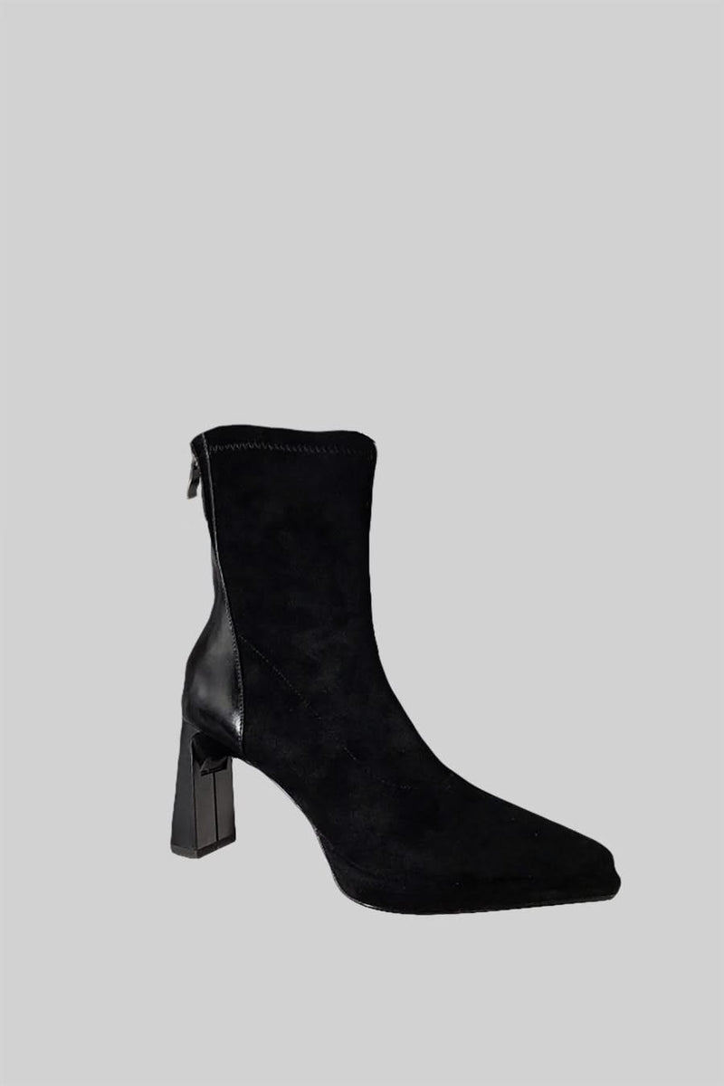 Ottavia Glossy Heel Suede Ankle Boot - Black