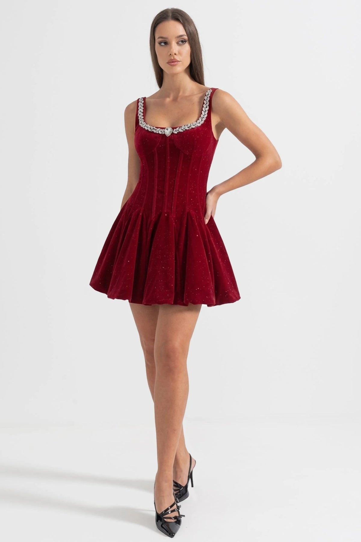 Velvet Corset Mini Dress with Crystal-Embellished Neckline – Burgundy