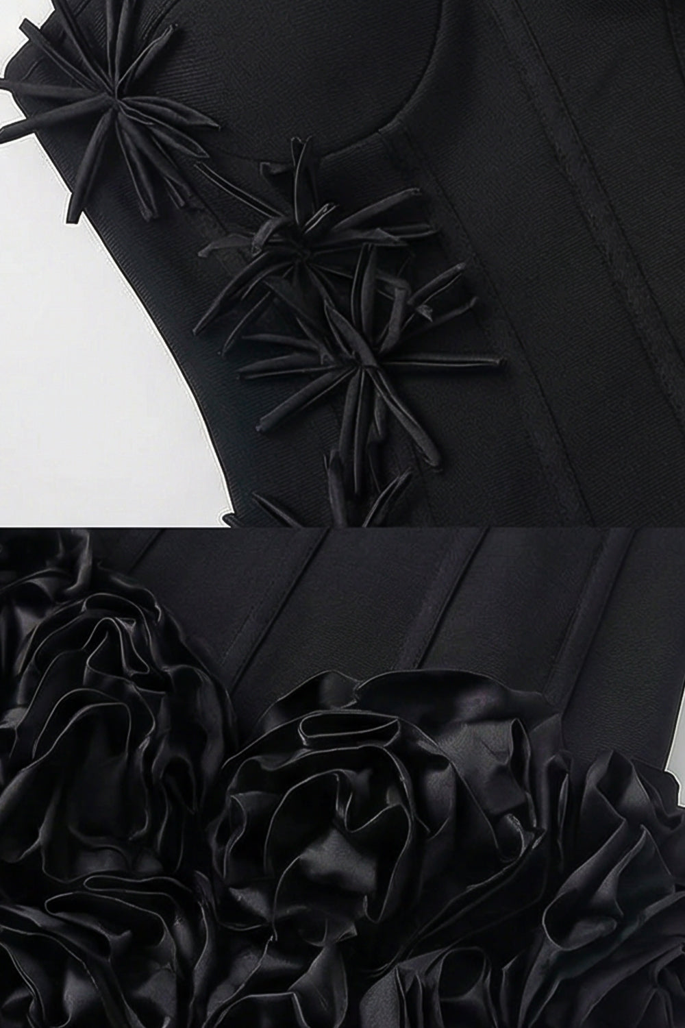 Corset Mini Dress with Sculpted Floral Hem – Black