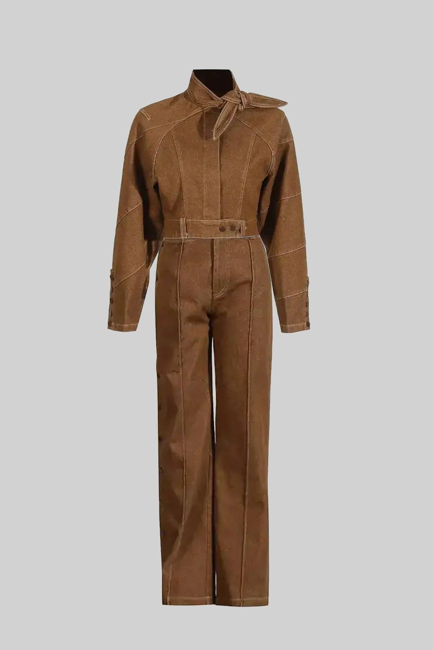 Suede Co-Ord Set With Tie-Neck Cropped Jacket And Wide-Leg Trousers - Brown