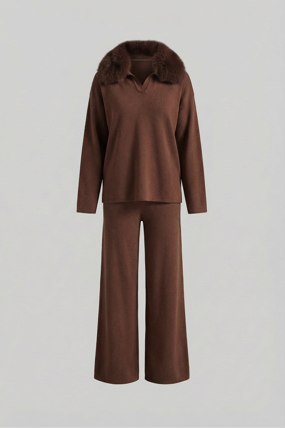 Knit Lounge Co-Ord Set with Fox Fur Collar – Brown