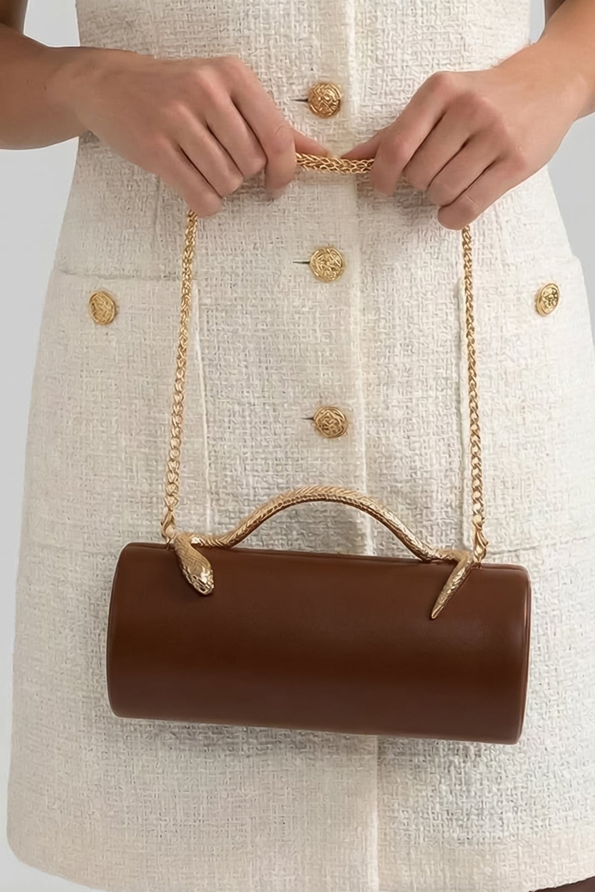 Structured Clutch Bag with Snake Handle And Gold Chain – Brown
