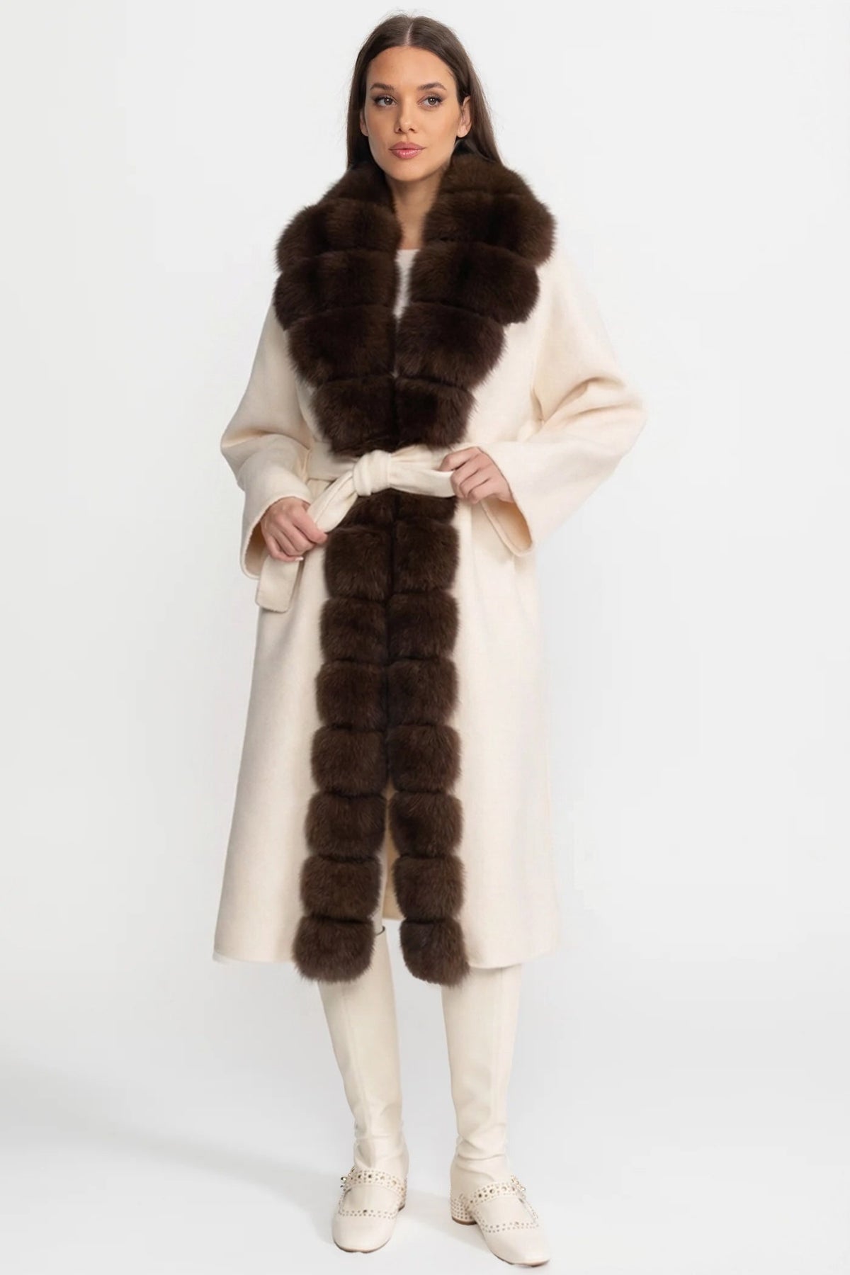 Wool Long Coat with Fox Fur Front – Ivoire/Brown