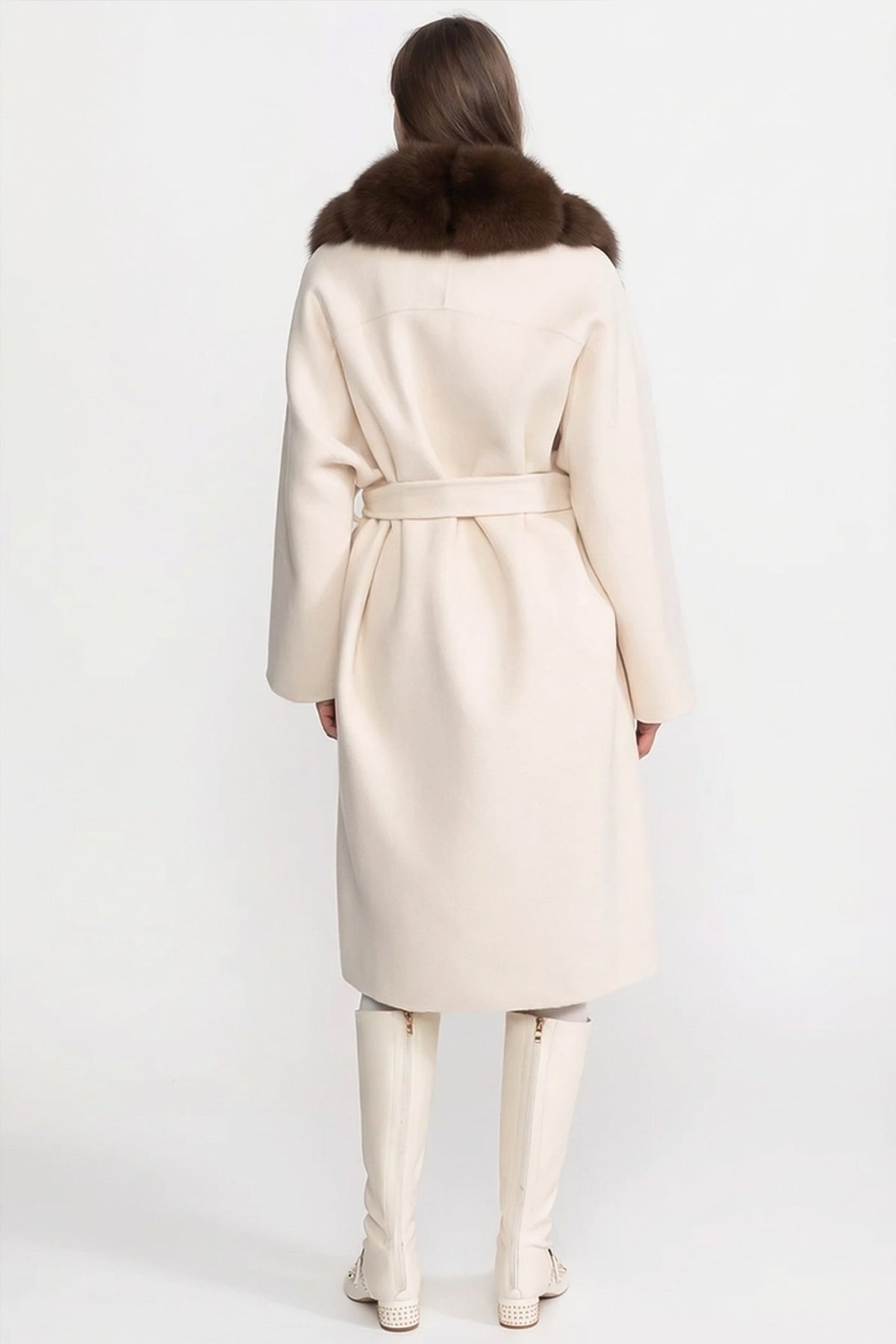 Wool Long Coat with Fox Fur Front – Ivoire/Brown