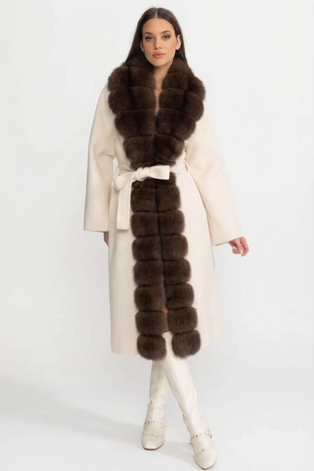 Wool Long Coat with Fox Fur Front – Ivoire/Brown