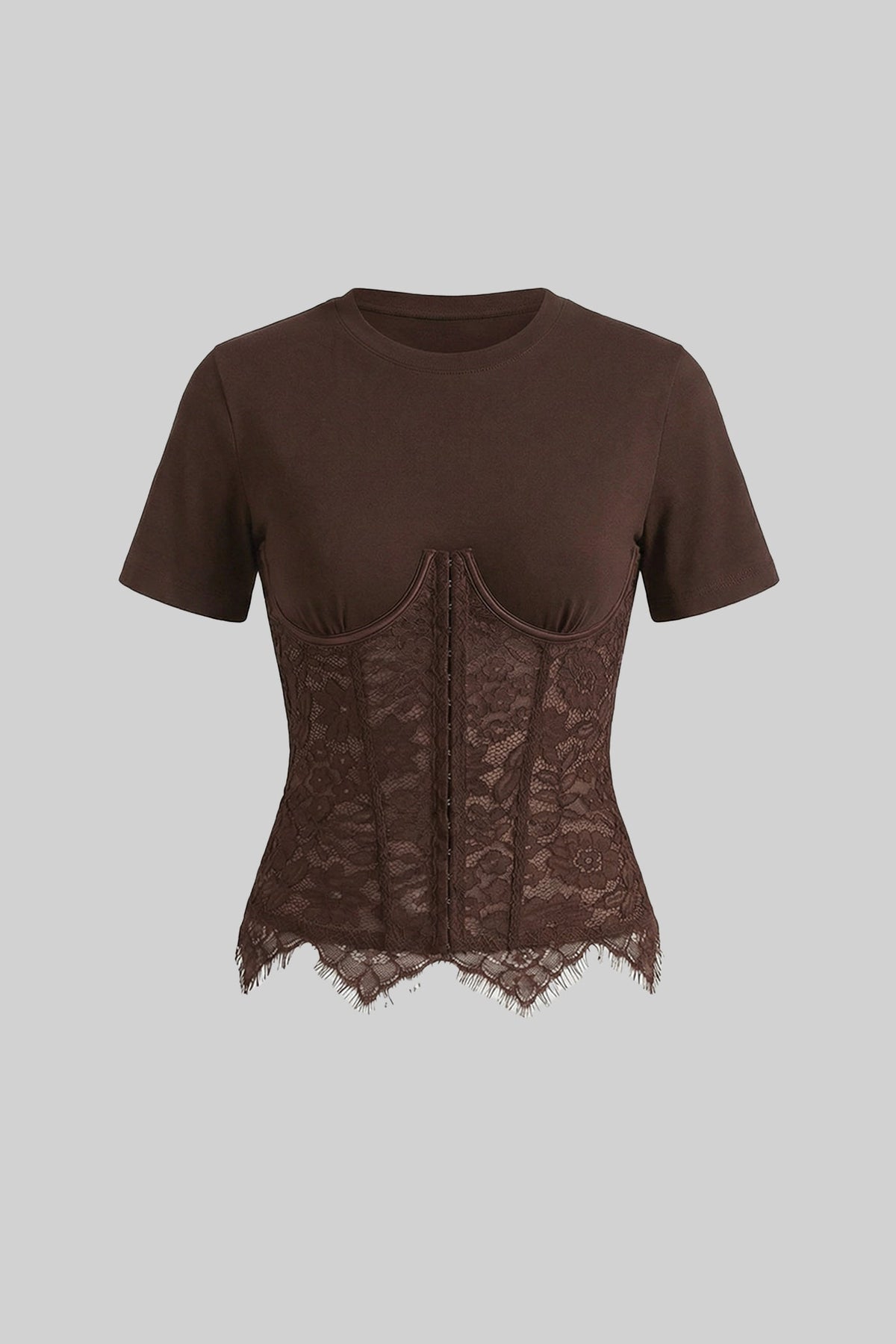 Short Sleeve Top With Lace Corset Overlay - Brown