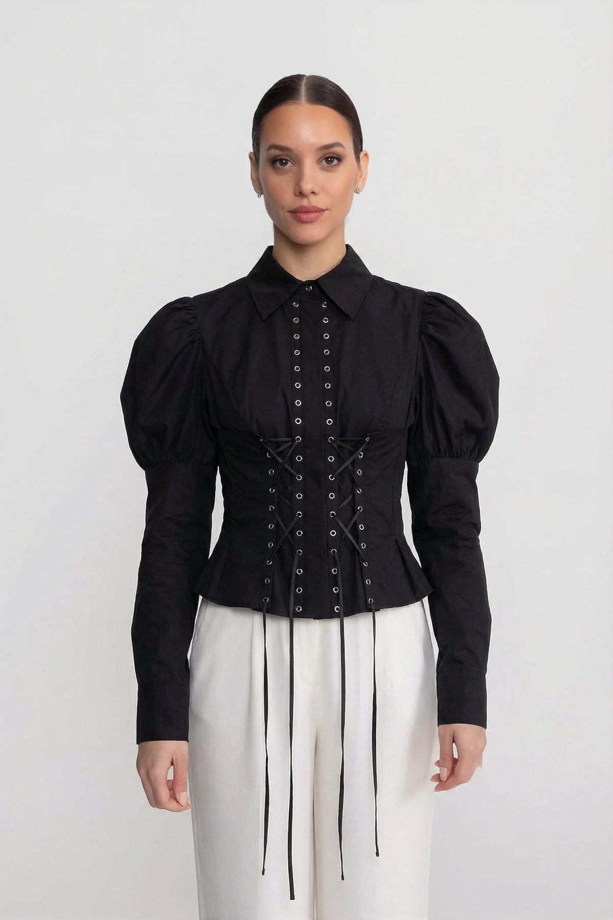Long Sleeve Shirt With Corset Lace-Up Detail - Black