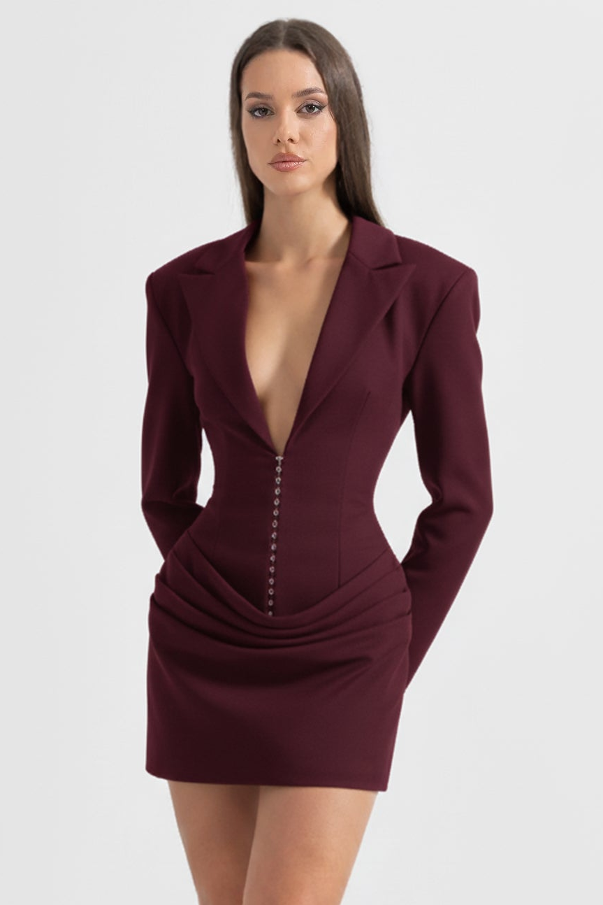 Draped Blazer Mini Dress With Deep Neckline – Dark Burgundy