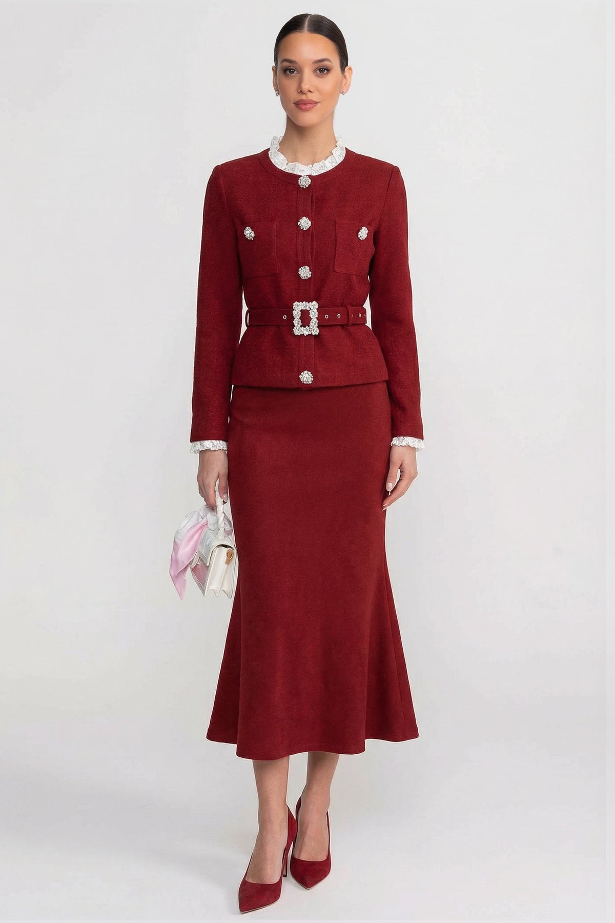 Fleur Burgundy Long Sleeve Co-Ord With Fitted Knit Bodice And Crystal Button Detail