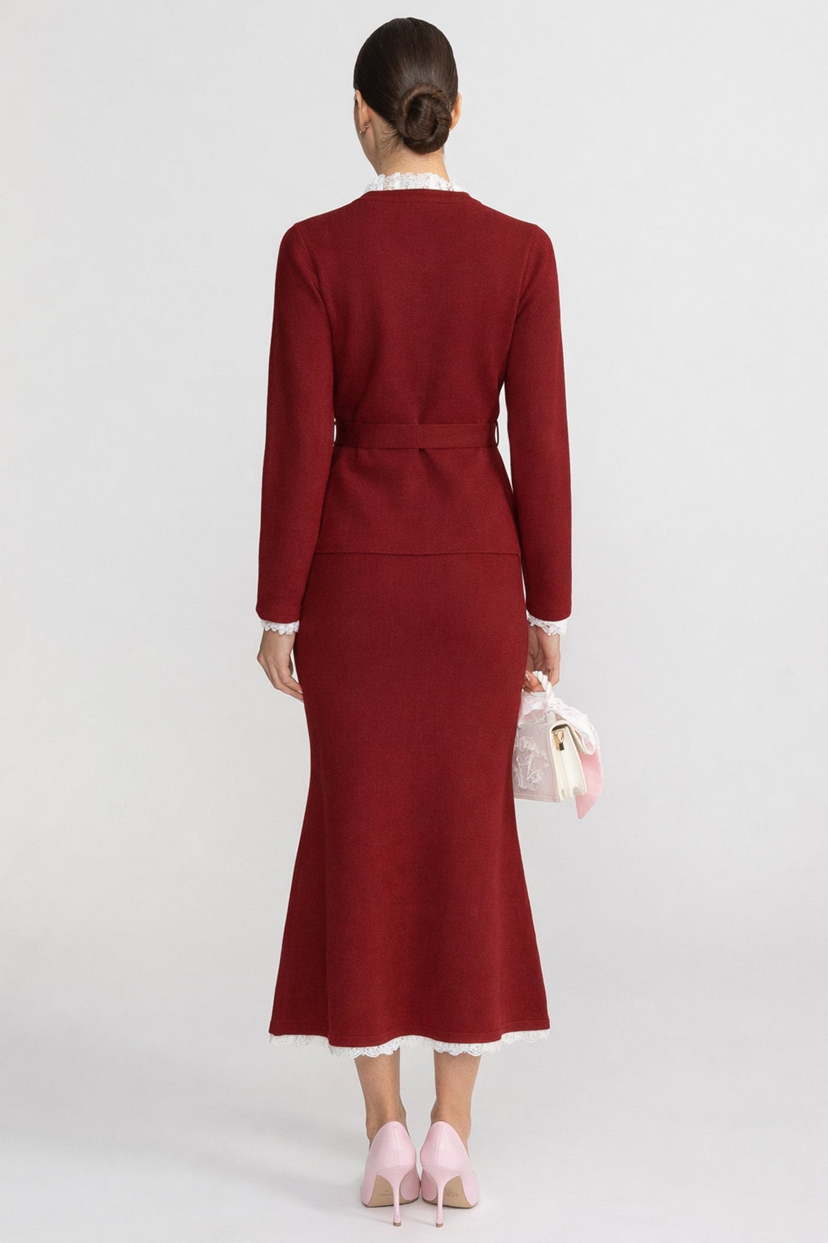 Fleur Burgundy Long Sleeve Co-Ord With Fitted Knit Bodice And Crystal Button Detail
