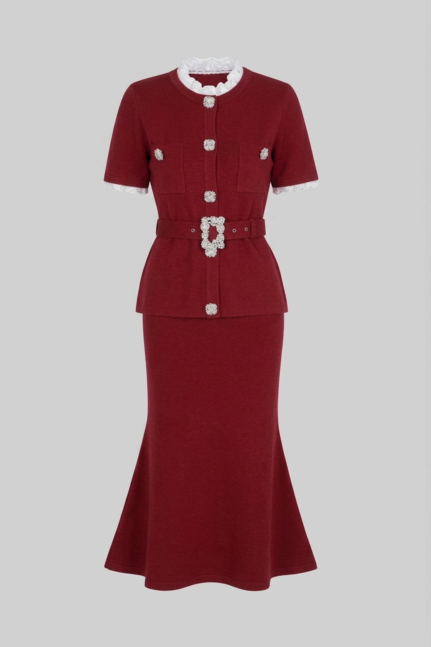 Short Sleeve Co-Ord With Peplum Waist And Crystal Button Belt - Burgundy